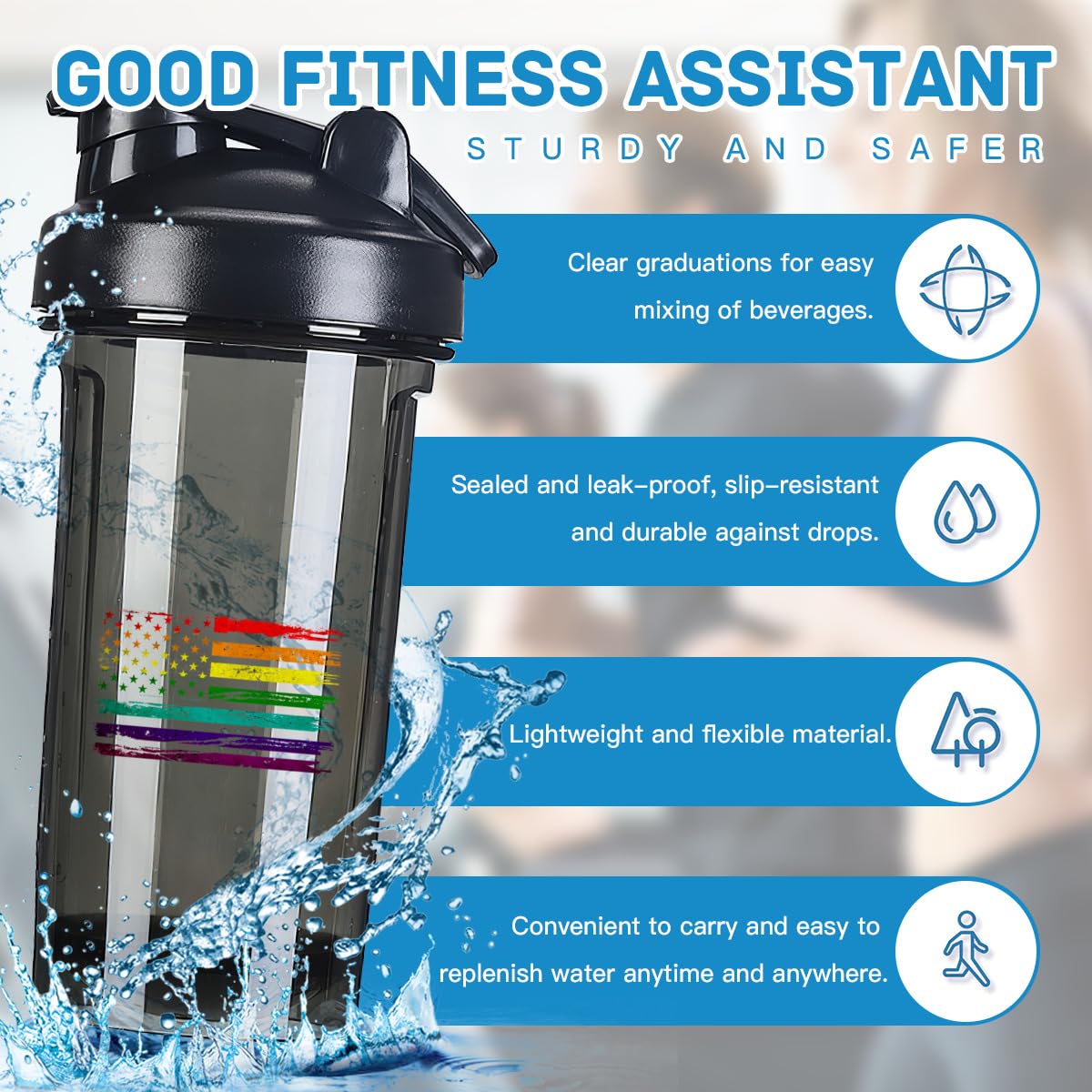 LGBT Gay pridefulness Rainbow Flag America Flag 3 18 Ounce Shaker Bottle Drink Mixer Leak-proof Pre Workout Protein Shakes Meal Replacement Shakes Bottles 500ML/18 Oz Black