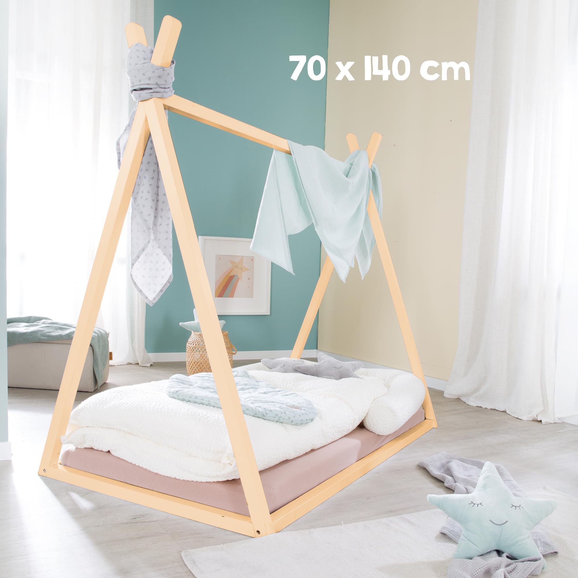 roba Cuna Tipi 70 x 140 cm en Forma de Tienda - Cama Infantil Según Principio Montessori - Fabricada en Madera de Bambú Certificada por FSC - Lugar para Jugar, Leer y Abrazar - Natural