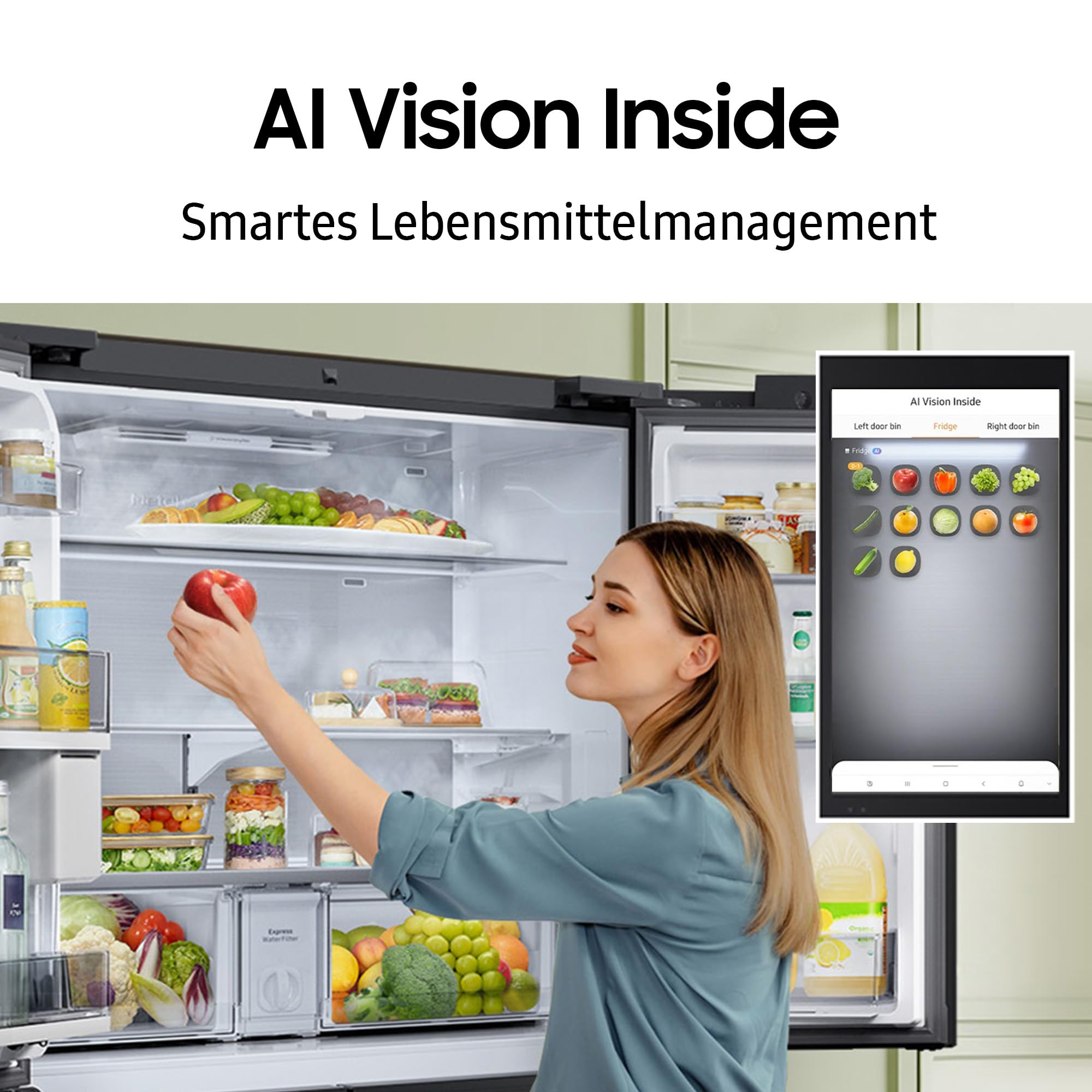 Samsung RM90F67CECEF Bespoke French Door Kühlschrank, 185 cm, 654 l, 255 l Gefriervolumen, AI Home, AI Vision mit integrierter Kamera, Beverage Center, Clean Deep Charcoal