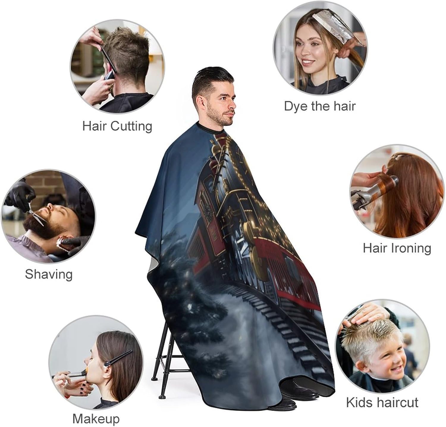 Christmas Train Apron for Women Men,Barber Cape with Adjustable Snap Closure,Hair Cutting Cape,66.9 X 56.7 Inches for Hair Dye, Comb-out, Styling, Shampoo