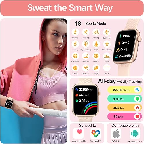 Miniatura 2 de YoYoFit Reloj inteligente (respuestahacer llamadas), reloj inteligente de 1.85 pulgadas para mujer, rastreador de actividad física impermeable con