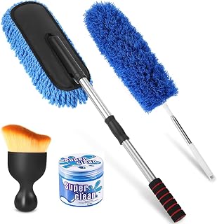 Car Duster Exterior Scratch Free, Soft Microfiber Duster with Extendable Long Pole, 4 Pack Multipurpose Car Duster Brush Car Detailing Brush Cleaning Gel Kit for Car, Truck, SUV, RV & Home