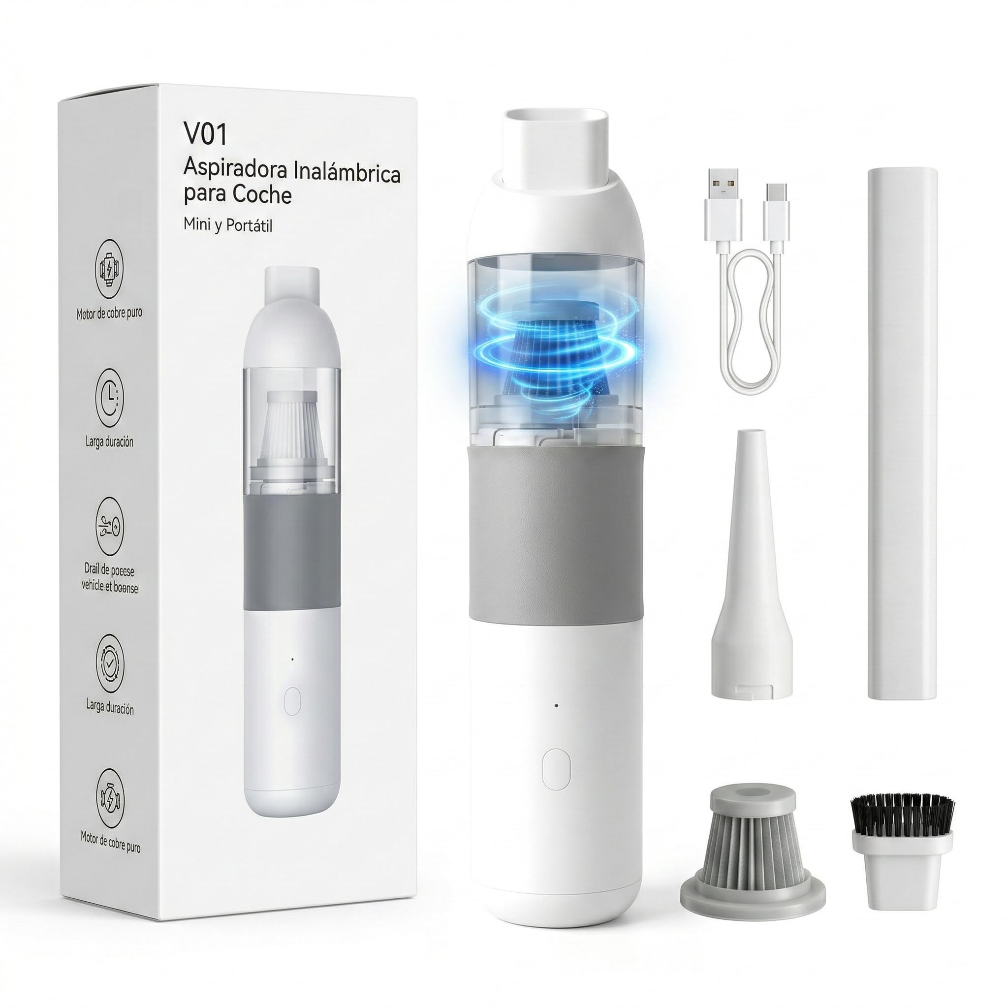 Genérico Aspiradora Sin Cable Coche 15000Pa, Aspirador 2 en 1 con Soplador para Coche y Hogar, Mini Aspiradora de Mano Potente con 2 Baterías Recargables y Kit Accesorios