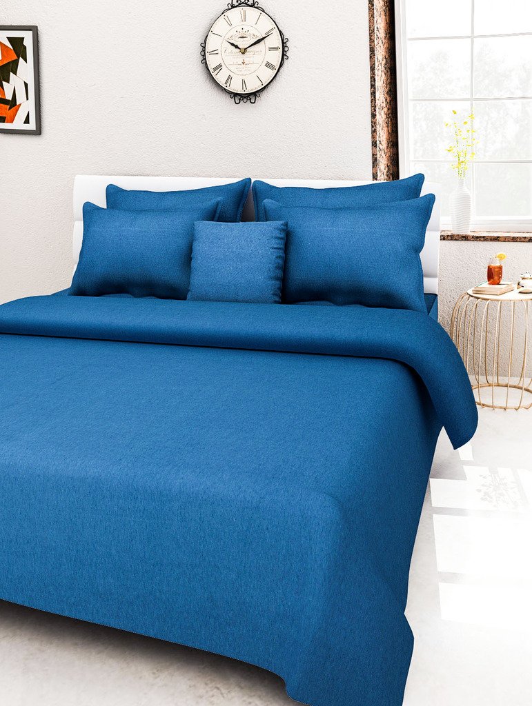 SOUMYA Set of 5 Premium Plain Cotton Double Bedcover Set, 1 Double Bedcover, with 2 Pillow Cover, with 2 Cushion Covers