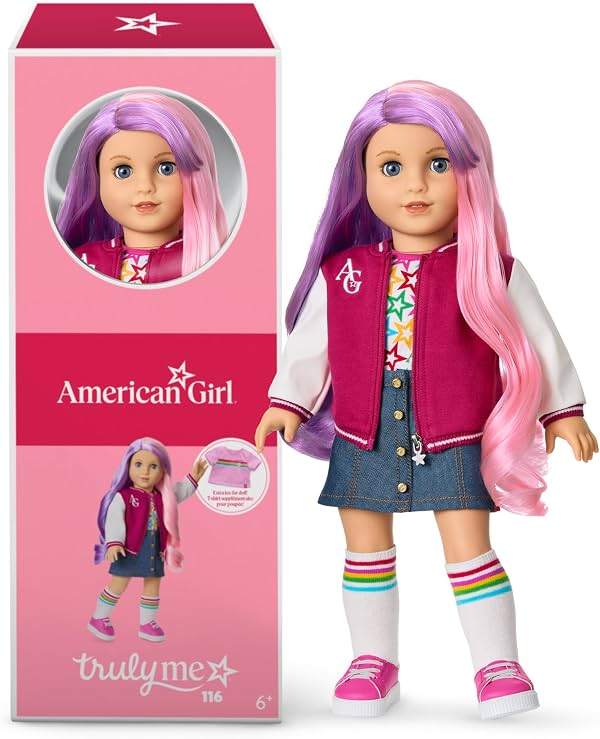 Muñeca American Girl Truly Me de 18 pulgadas #116 con ojos azul claro, cabello ondulado morado y rosa, piel clara, para edades de 6+