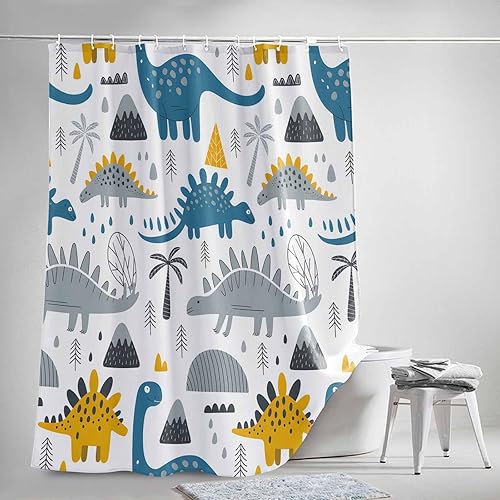 Miniatura 6 de Juego de cortinas de ducha impermeables con diseño de volcán de dinosaurios de dibujos animados, extra largas de 72 x 84 pulgadas, cortina de baño