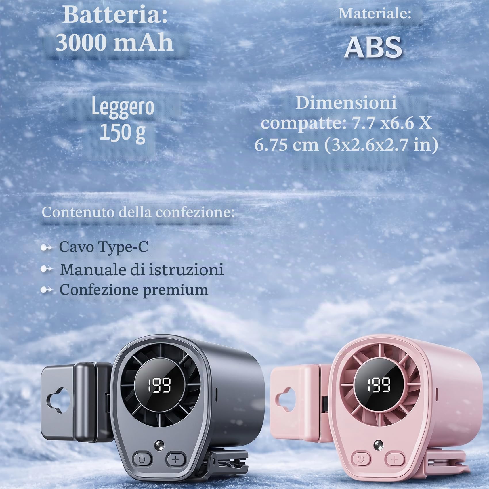 Ventilaore portatile per auto AC, nuovo aggiornamento 2026, ventilatore con clip per auto con display LED, rotazione a 360 gradi, 199 velocità regolabili, mini sistema di raffreddamento per veicoli