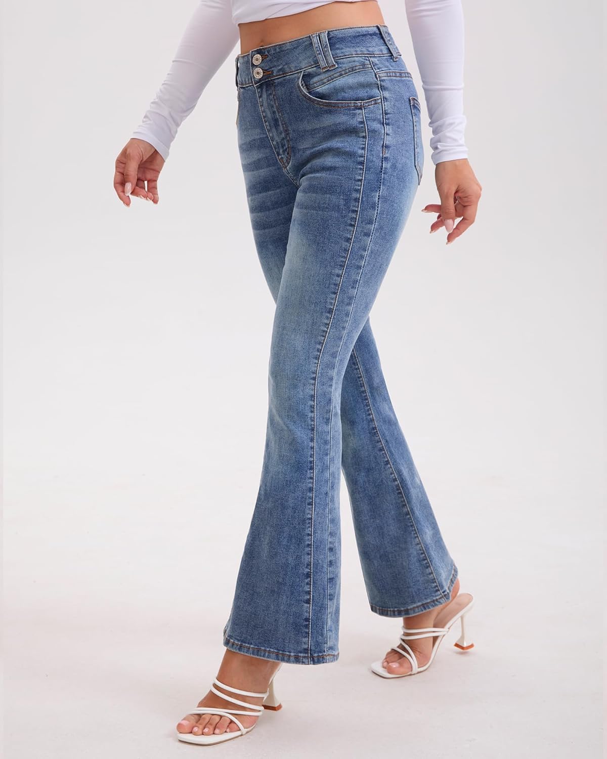 High Waisted Flared Jeans for Women, Bell Bottom Bootcut Stretch Denim Pants with Double Button Design - Image 3