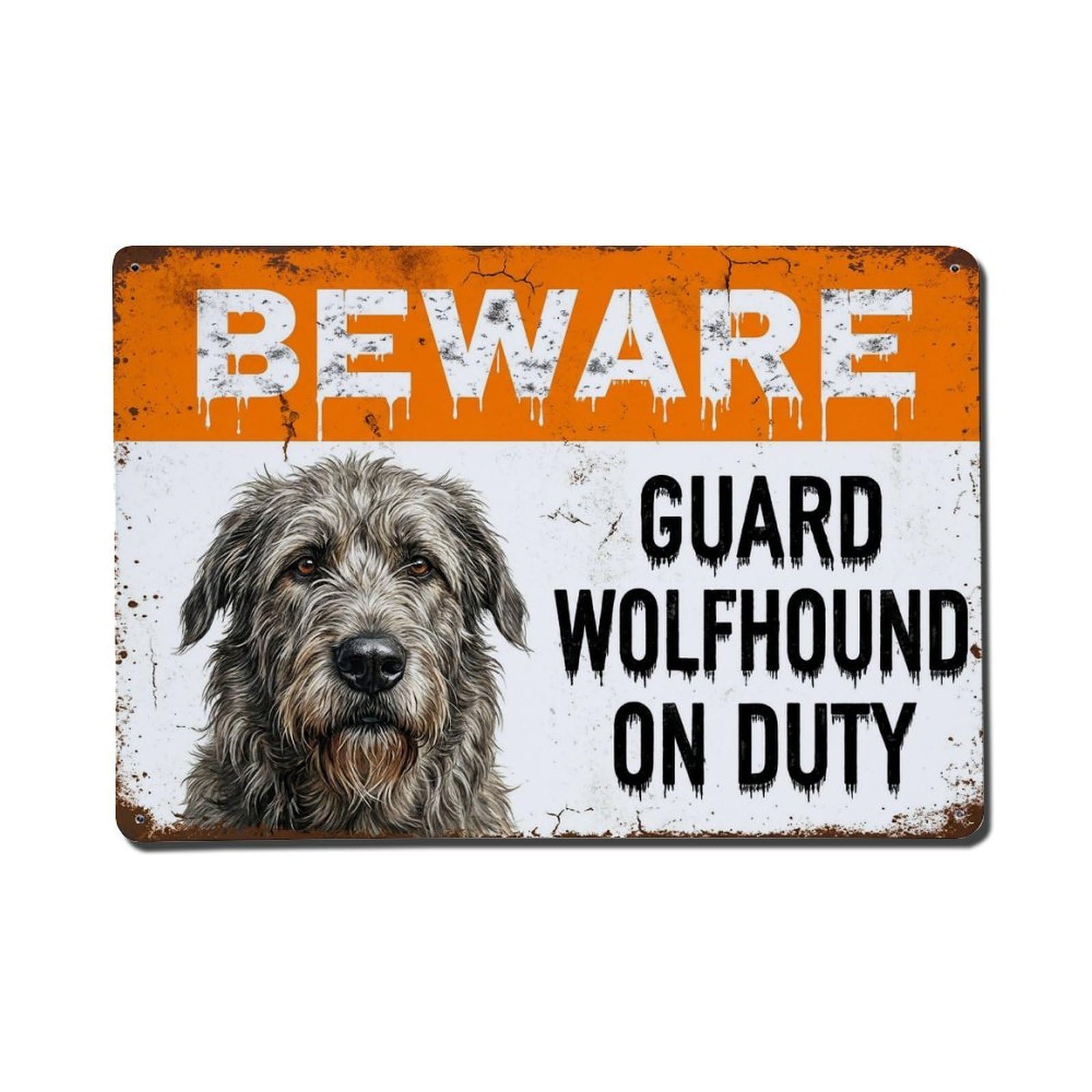 Vintage Funny Irish Wolfhound Guard Beware of Dog Walkway Metal Tin Sign