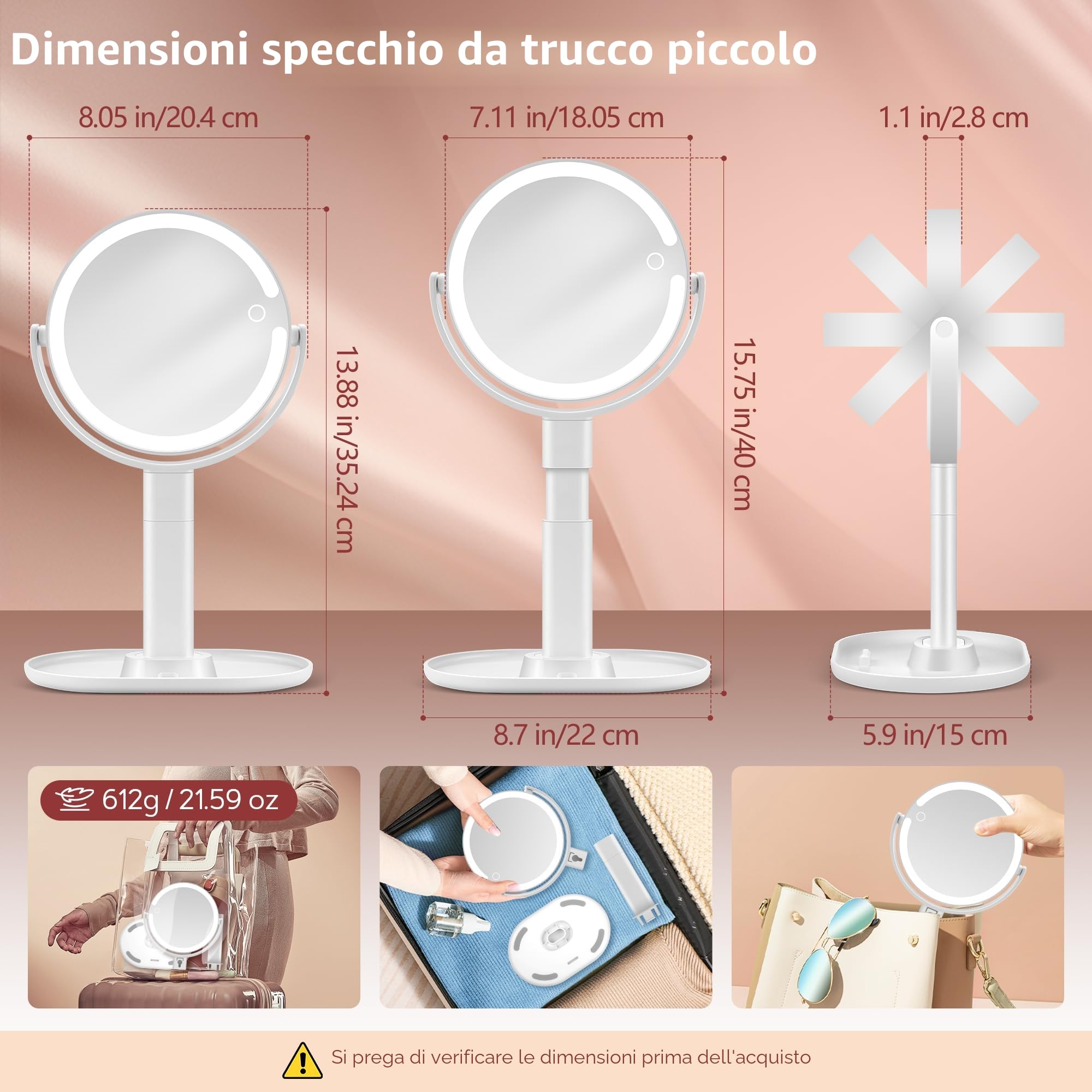 B Beauty Planet Specchio da Trucco Illuminato 30 X con 3 Luci di Colore, LED Dimmerabile e Regolabile in Altezza – Specchio Cosmetico 2 Lati per Bagno – Regalo per Donne Bianco