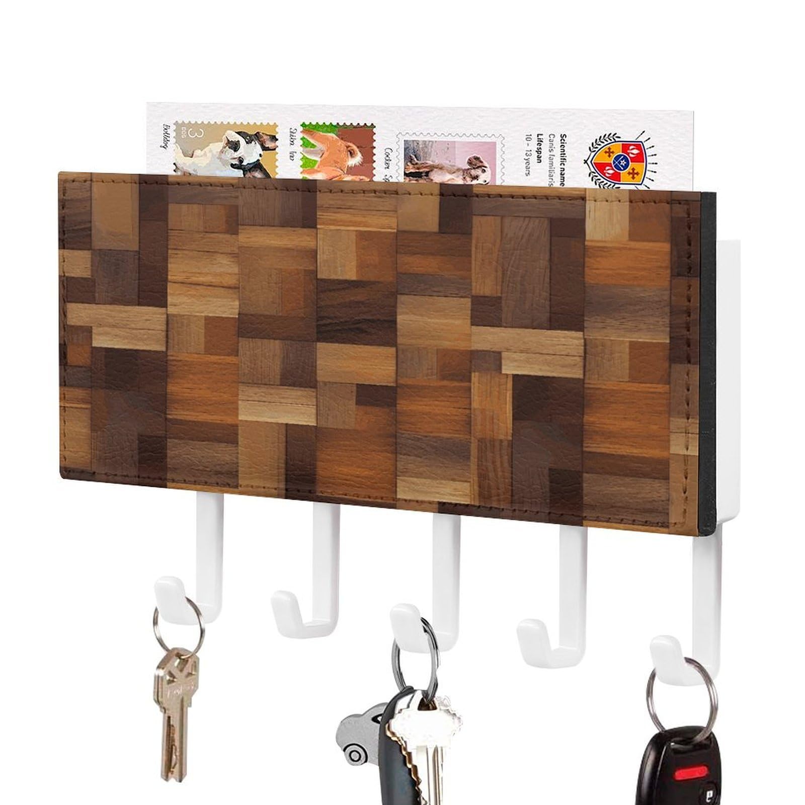 LDGSUPH Wood Key Holder Wall Mount Key Hanger with 5 Hooks Fashion Key Organizer Rack Hanging Key Hooks with Mail Organizer Key Rack for Home Entryway Hallway White-Style