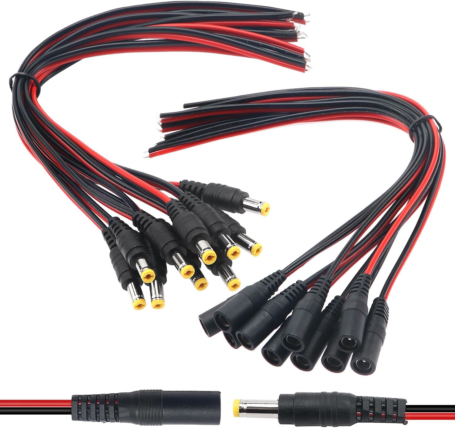 Oiyagai 10 Paar DC-Stromanschlussstecker 2,1x5,5mm - CCTV Überwachung Kabel Set 12V 5A