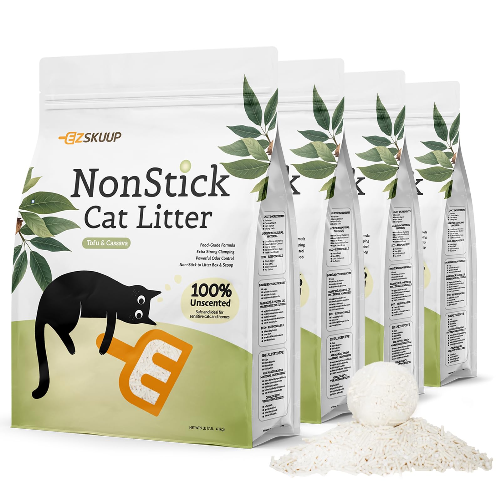 Non-Stick Ultra Clumping Cassava & Tofu Cat Litter, Odour Control Low Tracking Kitty Litter, Plant-Based Natural Ingredients Cat-Litter, 4.1kgX 4 Pack (30L)