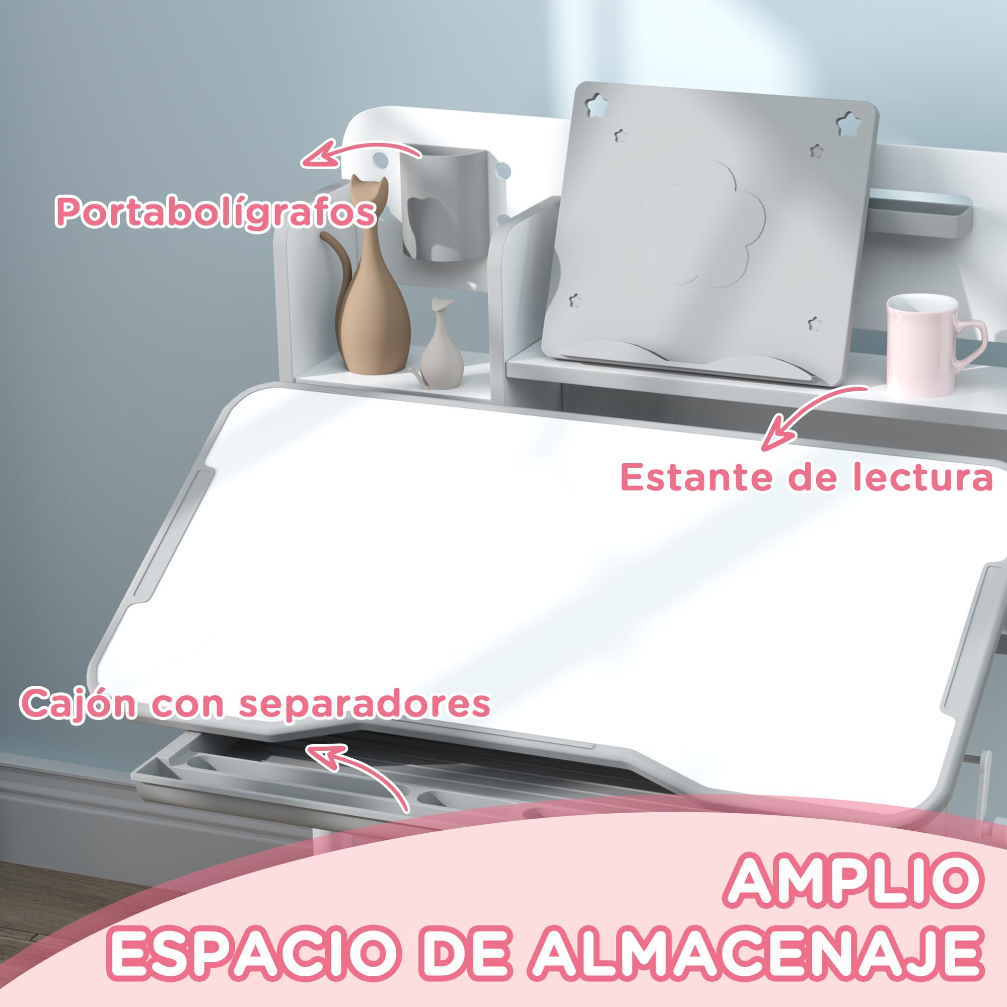 AIYAPLAY Juego de Escritorio y Silla para Niños de +3 Años, Pupitre Infantil Altura Ajustable con Tablero Inclinable, Cajón y Estantes, Respaldo Acolchado, para Libros, 80x55x107,5 cm, Gris
