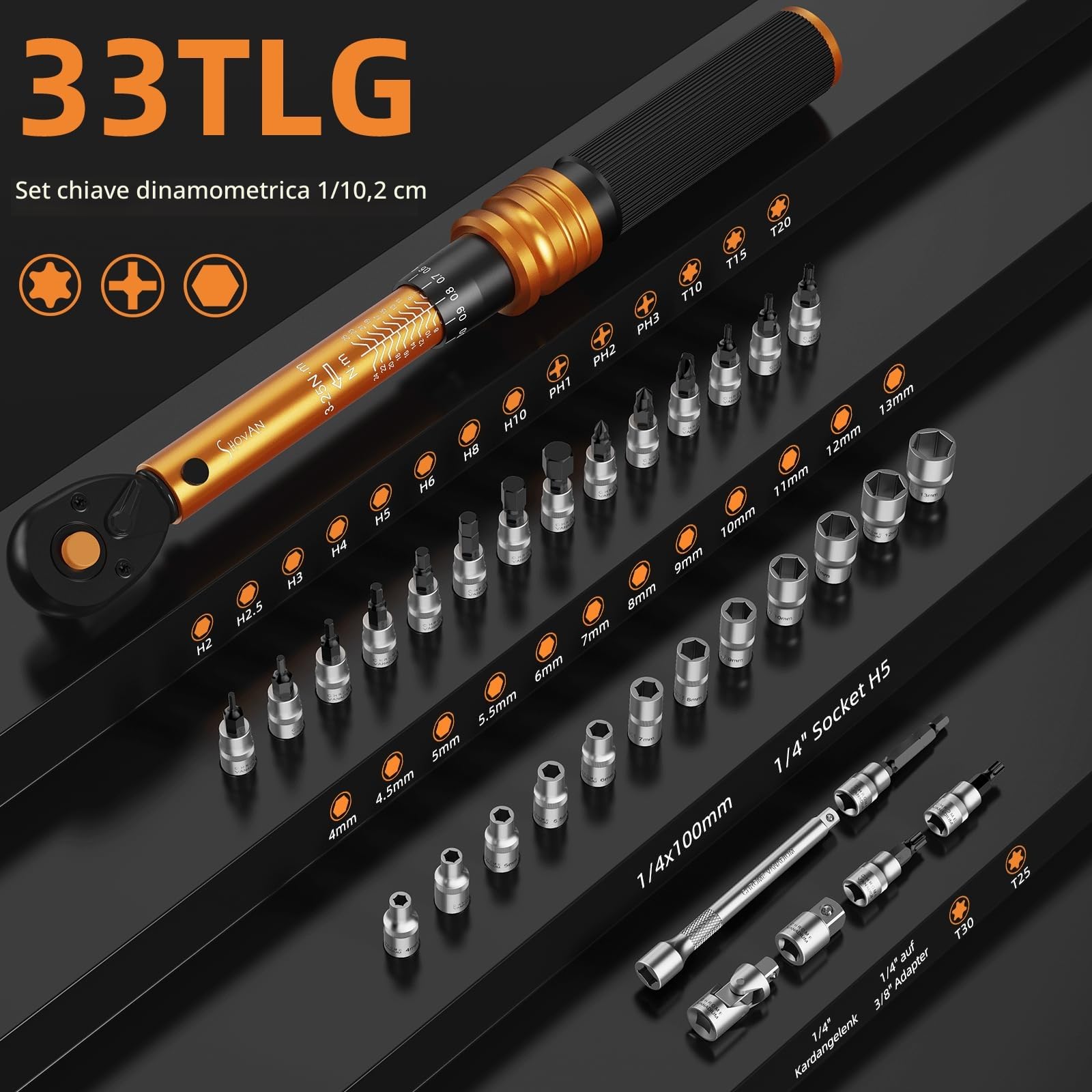 33 Pezzi 1/4” Chiave Dinamometrica Bici / Moto 3-25Nm, 72 Denti Regolabili a Doppia Direzione, Alta Precisione ±3%, con Adattatore 1/4“-3/8”, Kit Chiavi Dinamometriche Portatile per Bicicletta