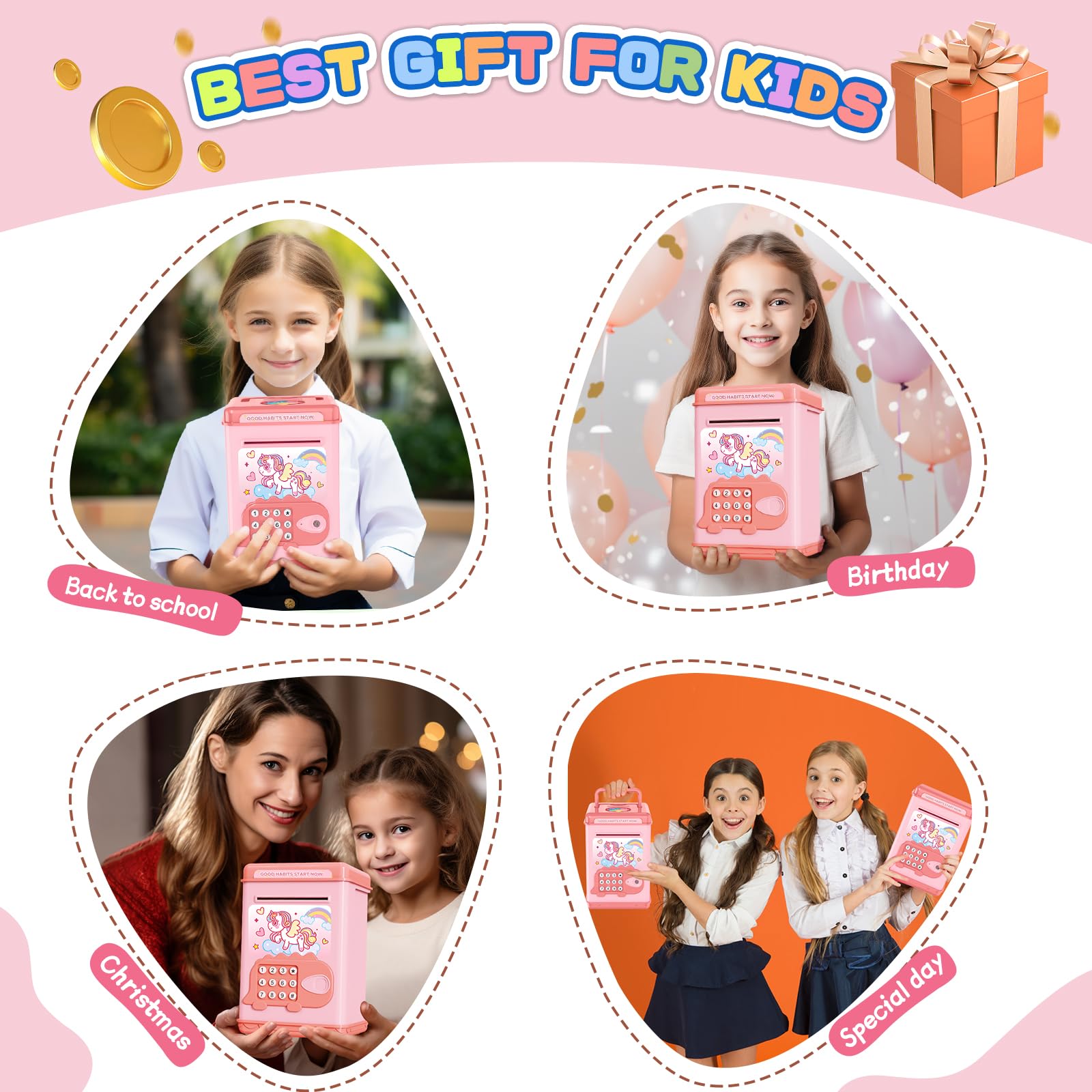 TCJJ Unicorno Salvadanaio Per Bambini,Salvadanaio Per Ragazze Con Password E Sblocco Delle Impronte Digitali,4 Adesivi,Braccialetto Con Unicorno,Regali Con Ragazze Per Natale