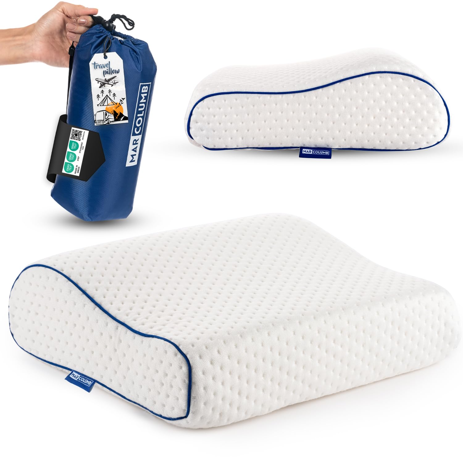 Marcolumb Travel & Camping Comfortable Memory Foam Pillow – Easy to Carry Portable Bag – Temperature Regulating Pillow Case - Perfect for Travelling (White Contour)