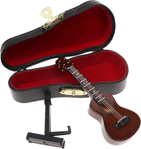 Miniatura 17 de Ukelele miniatura de madera con soporte y estuche, mini instrumento musical, réplica de ukelele, figuras coleccionables, modelo de decoración
