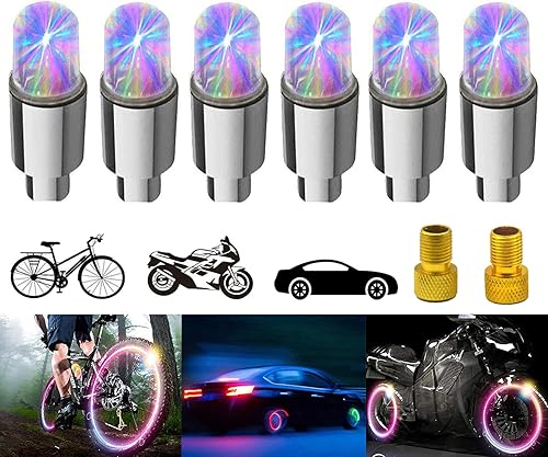 YUERWOVER Paquete de 6 luces intermitentes para neumáticos, luz LED impermeable con tapa de válvula, activada por movimiento, con 6 baterías