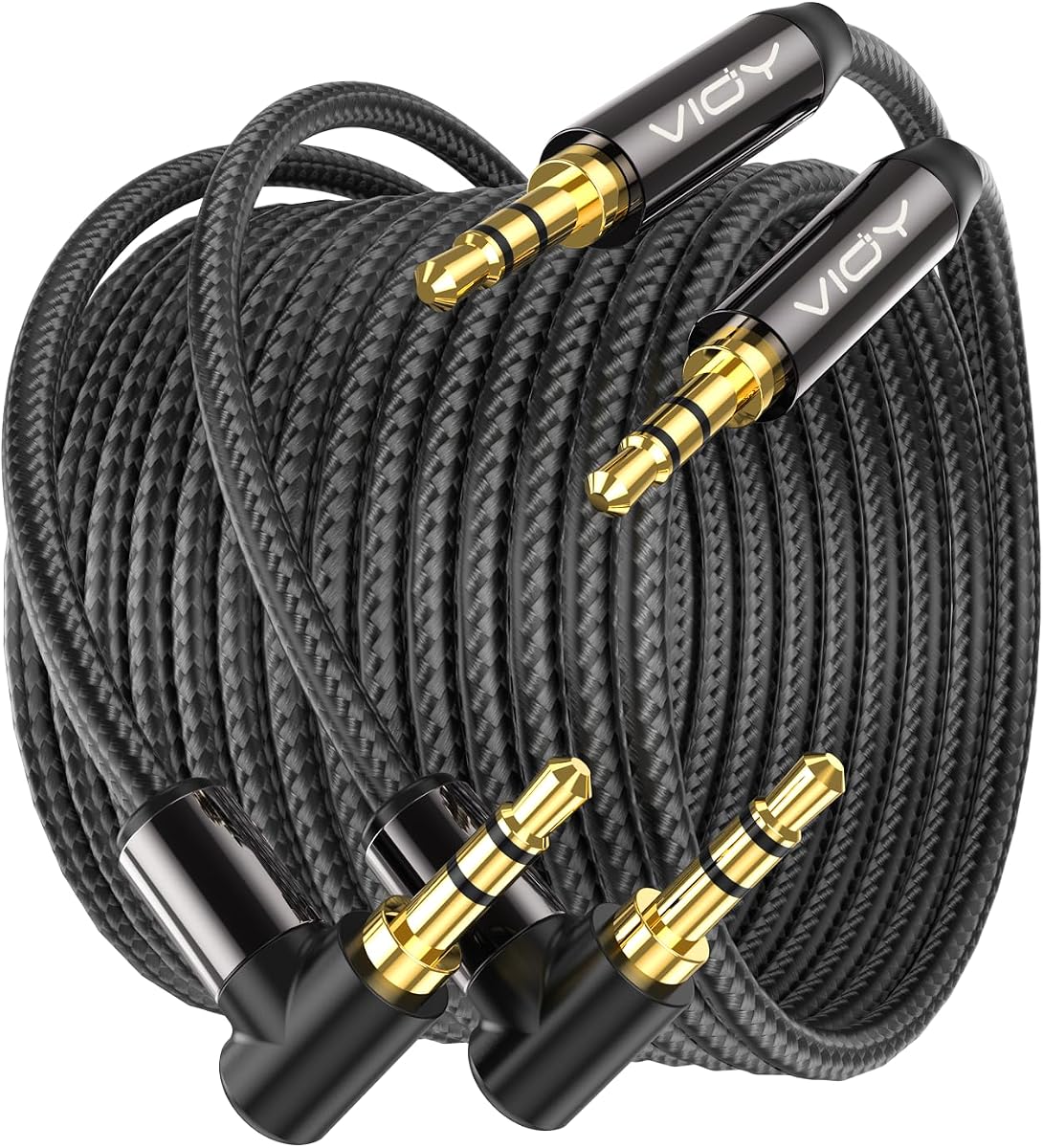 Aux Cord 2 Pack 6FT,3.5mm Male to Male Right Angle Stereo Audio Cable | 90 degree plug for narrow gaps, Hi-Fi lossless sound, nylon braided 3.5 mm TRS cable for car stereo, headphones and speakers