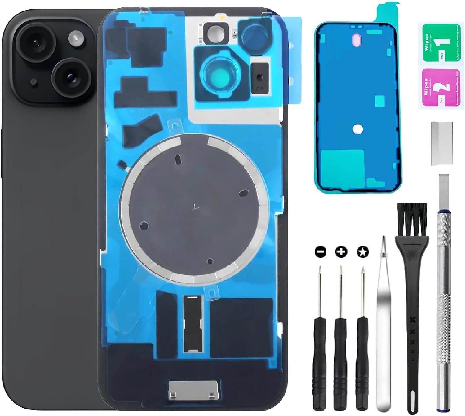 Rear Back Cover Glass Replacement for iPhone 15 Back Glass + Camera Lens + Magnet + Iron Piece Holder with Repair Tool Kit (Black)