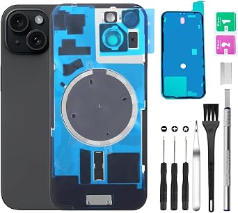 Rear Back Glass Replacement for iPhone 15 Back Glass + Camera Lens + Magnet + Iron Piece Holder with Repair Tool Kit Black