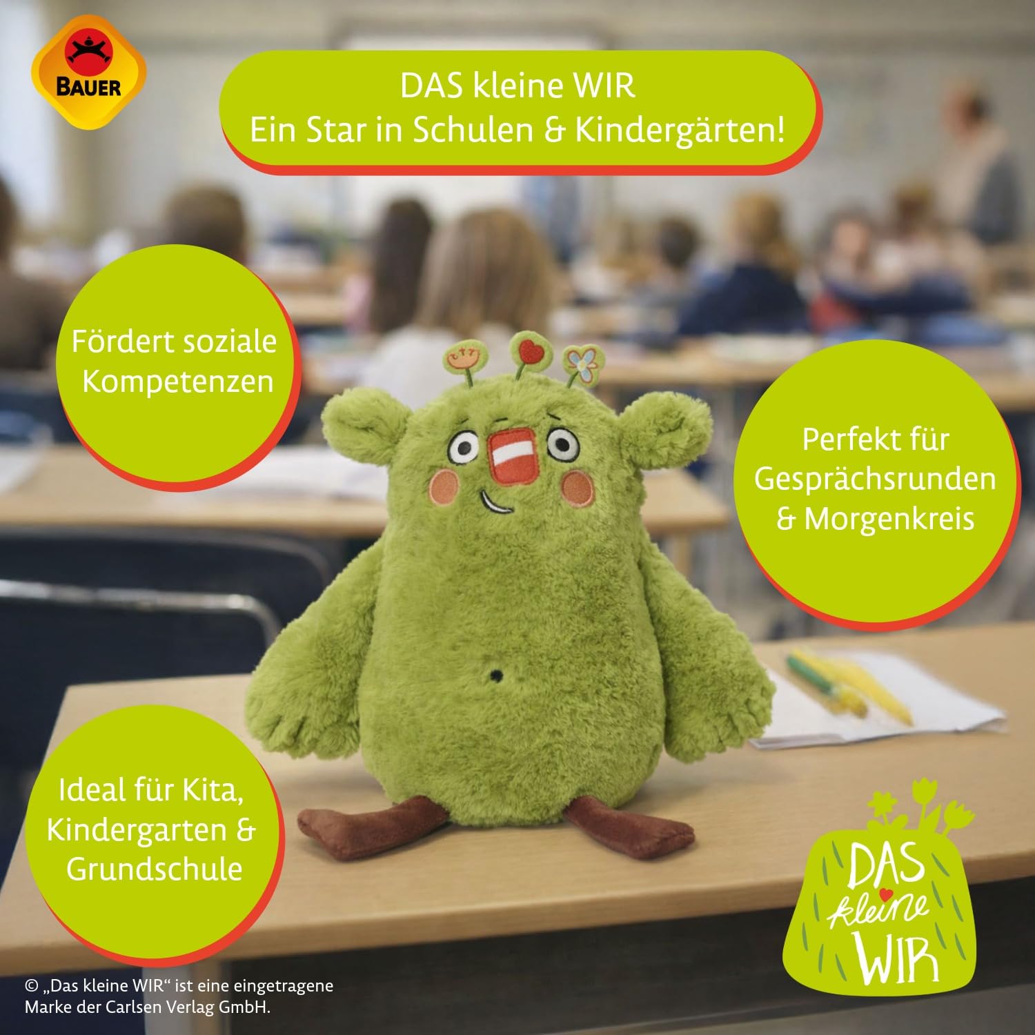 Bauer Spielwaren Das kleine WIR Offizielles Kuscheltier aus der Kinderbuchreihe mit kuscheligem grünen Fell, Stofftier 20 cm, grün (12266)