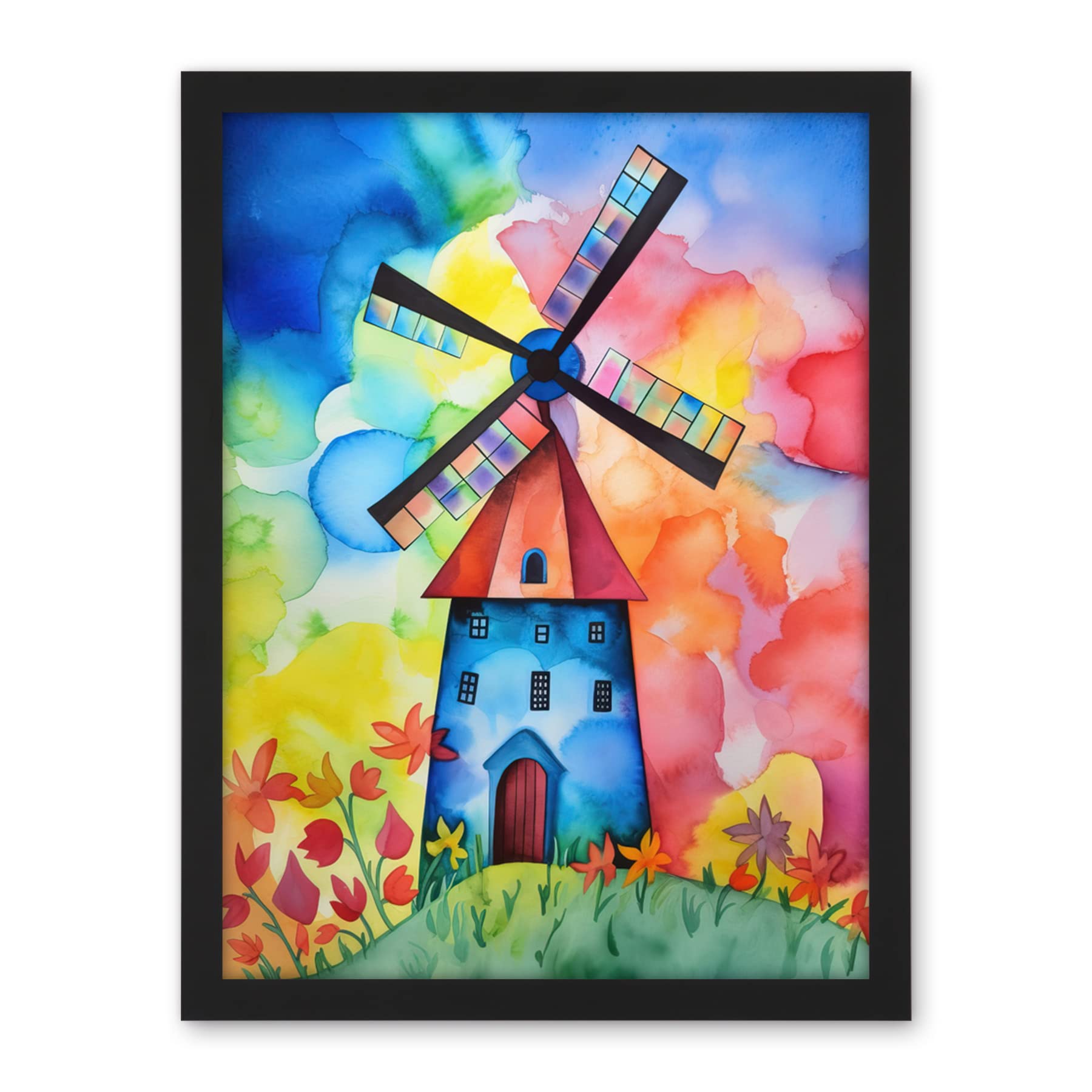 Artery8 Watercolour Windmill Netherlands Folk Art Artwork Framed Wall Art Print 18X24 Inch