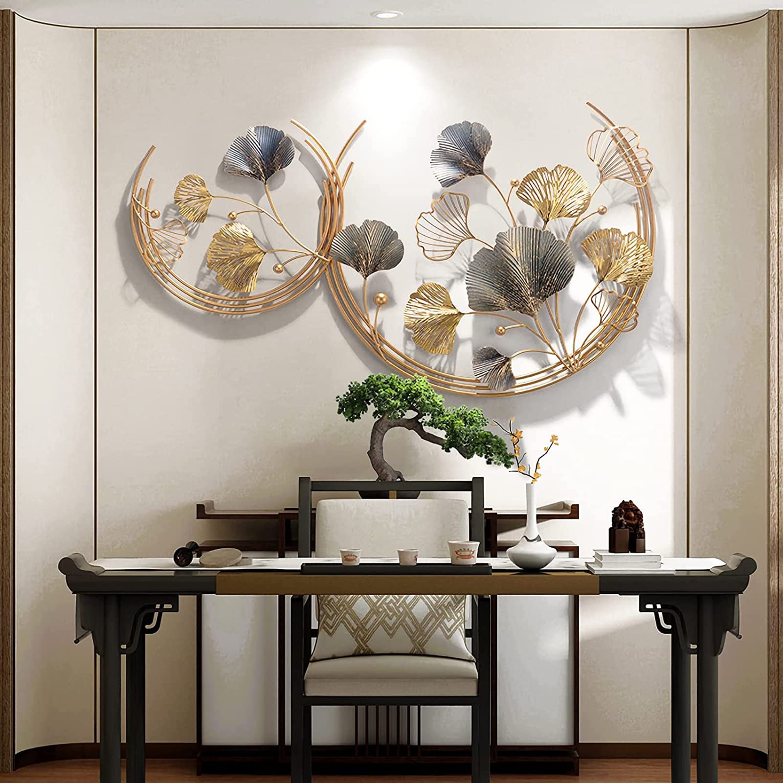BHKERUZ 3D métal Statue de décoration Murale de Feuille de Ginkgo,110*67cm | Fer forgé Moderne, Artisanat entrée Couloir décoration Murale Ornement, pour Salle D'étude Chambre à Coucher Hôtel