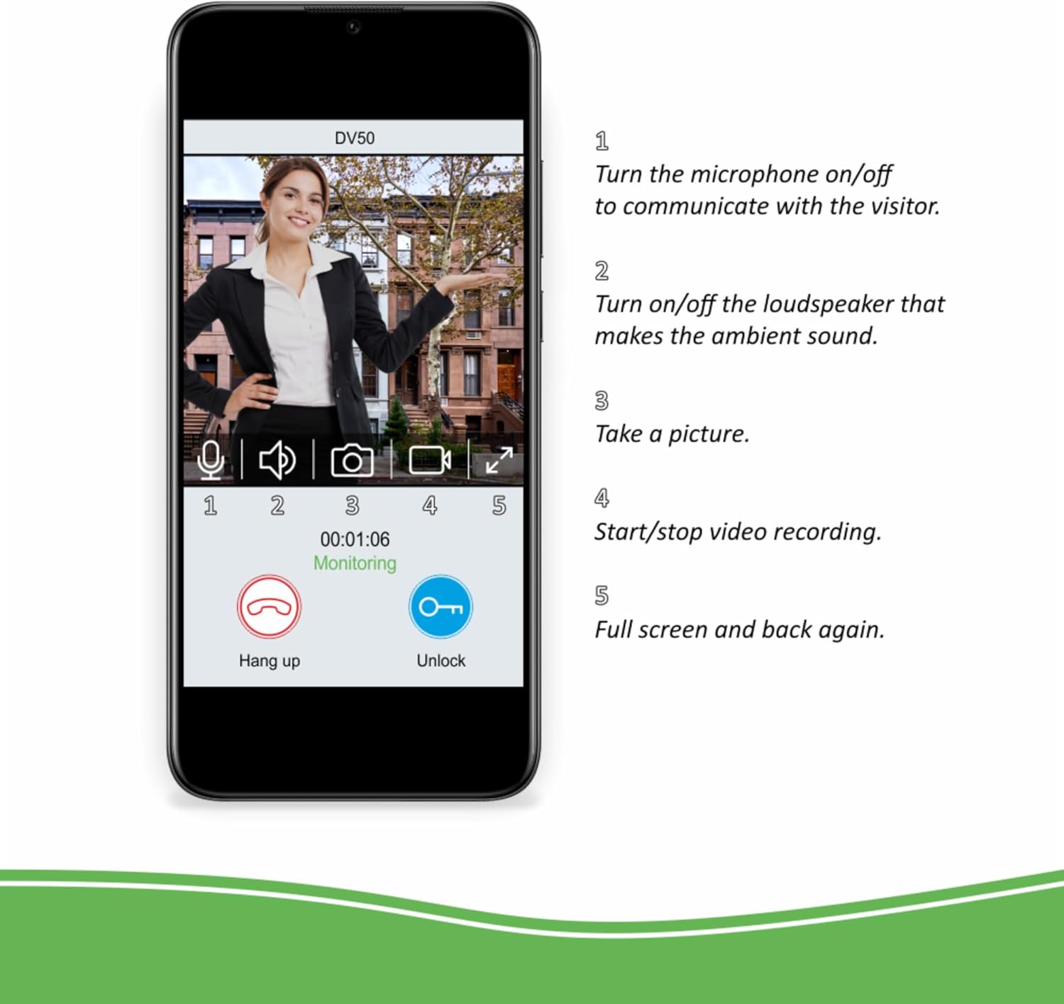 Screenshot of the ELRO Intercom app interface on a smartphone, showing live video feed and control icons for microphone, loudspeaker, camera, video recording, full screen, hang up, and unlock.