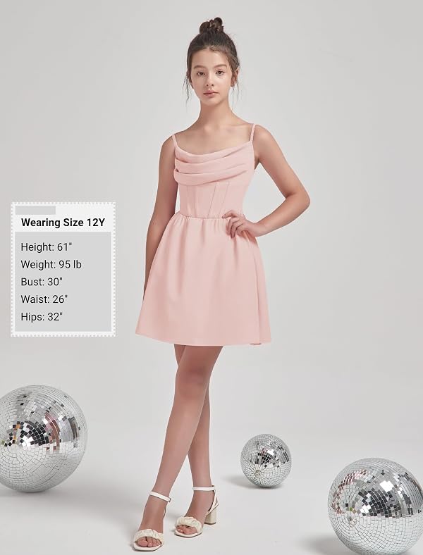 EXARUS Girls Summer Formal Dress Tween Party Dance Spaghetti Strap Birthday Graduation Teen Junior Wedding HOCO Ruffle Mini Elegant Dresses Light Pink 10 Years by EXARUS - Image 6