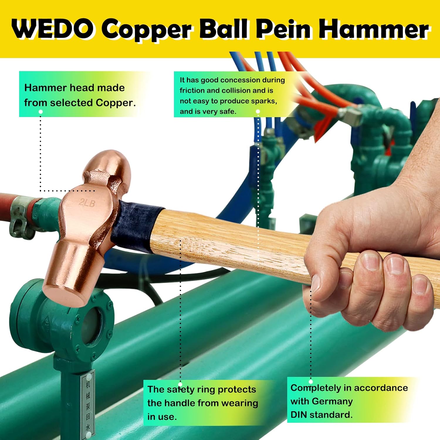 WEDO 2PCS Copper Ball Peen Hammer Set, 8 oz + 16 oz(1/2lb+1lb),Ball Pein Hammer with Wooden Handle, Die-Forged, Corrosion Resistant, DIN Standard
