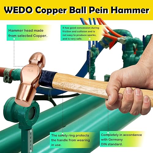 Miniatura 5 de WEDO Juego de martillo de bola de cobre de 3 piezas, 8 onzas + 12 onzas + 16 onzas (12 libra+34 lb+1 libra), martillo de bola con mango de madera,