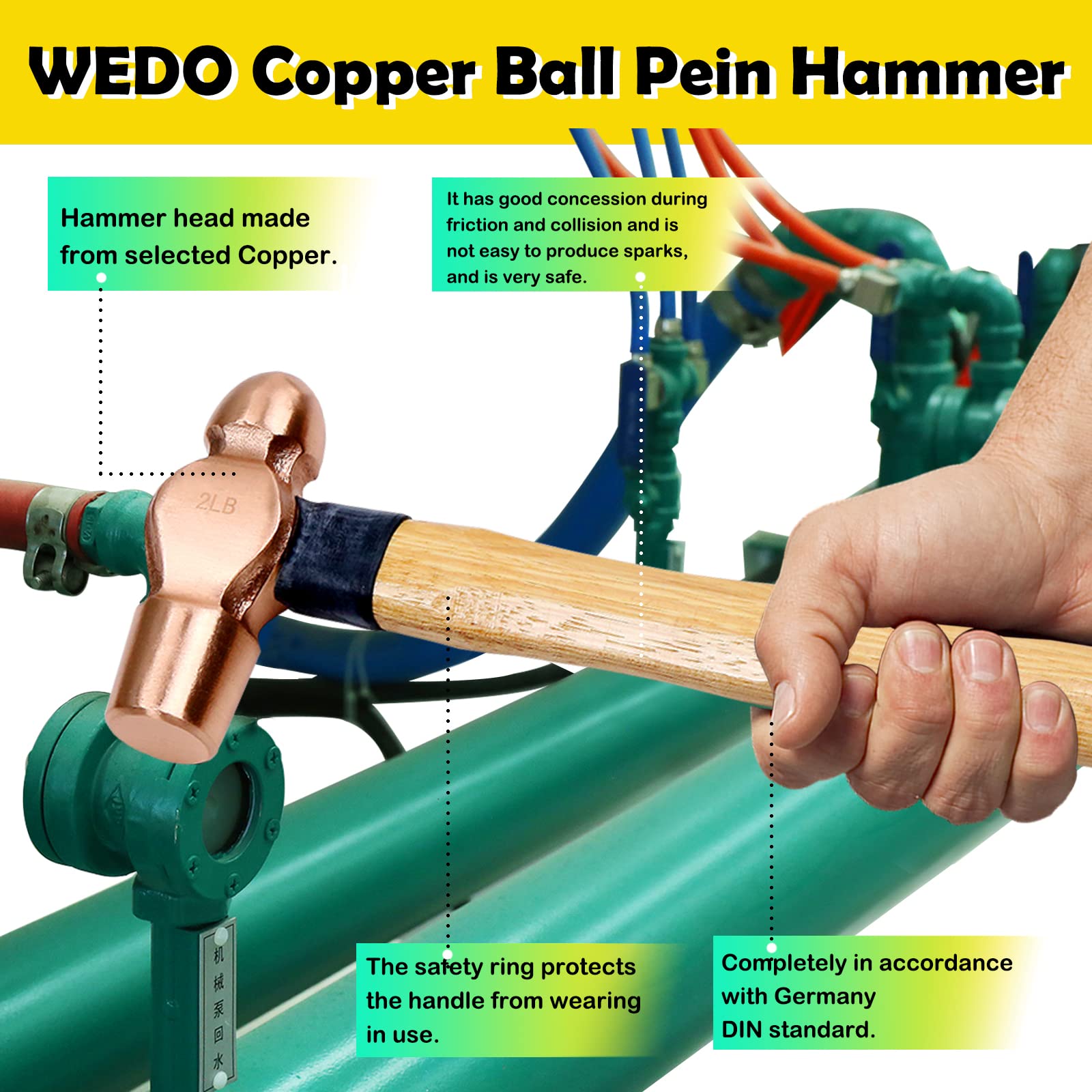 WEDO Juego de 2 martillos de bola de cobre, 8 onzas + 12 onzas (1/2 libras + 3/4 libras), martillo de bola con mango de madera, forjado, resistente a la corrosión, estándar DIN