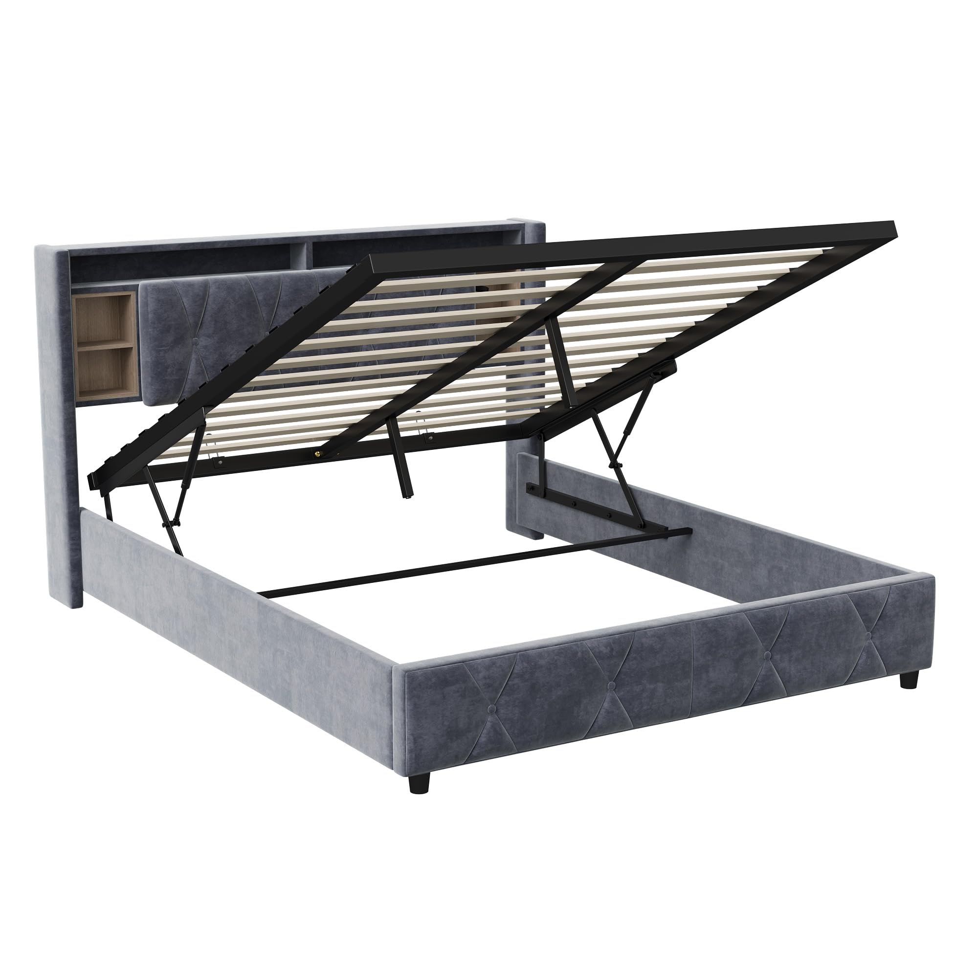 BRILVERDE Letto Imbottito 160x200 cm con Contenitore Idraulico, Letto Matrimoniale a LED con USB, Funzionale con testiera, Struttura Letto con Rete a doghe, Velluto (Grigio, 160 x 200 cm)