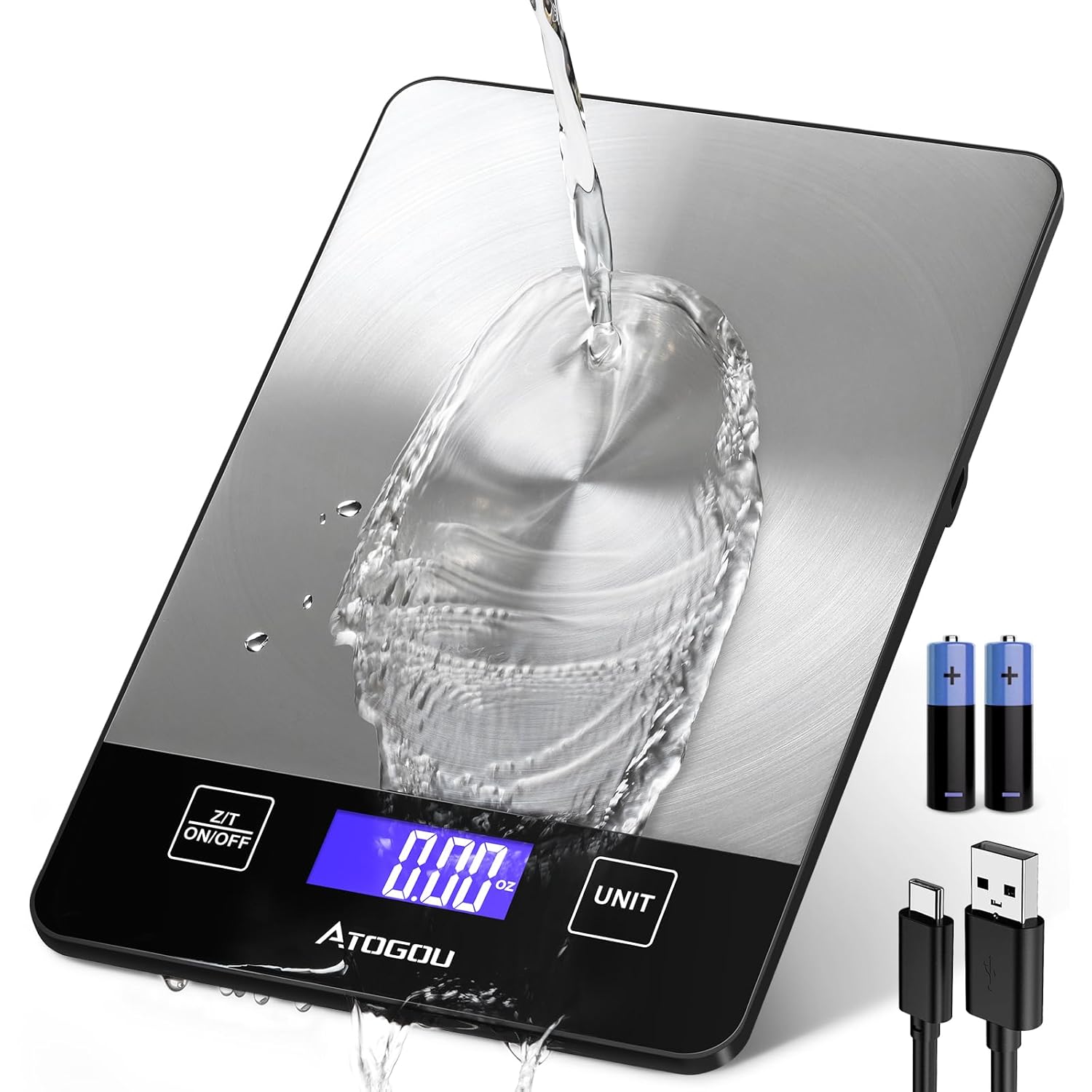 Atogou Food Scale 33lb 15kg Rechargeable Kitchen Scale with Full-View Backlit LCD Display Grams and Ounces Type-C Charging