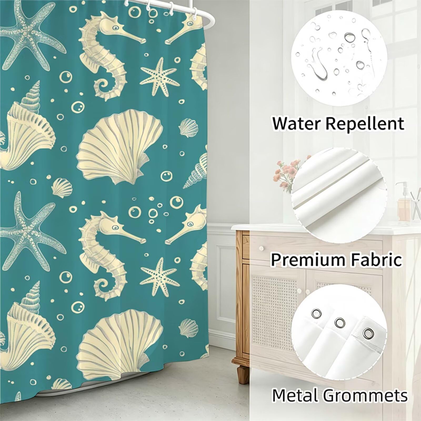 Turchese Tenda Doccia 180x240cm,Tenda per Doccia Tessuto Poliestere Impermeabile Asciugatura Rapida 12 Anelli,Tende Finestra Bagno e Vasca Pieghevole per Angolare Casa Shower Curtain conchiglia J-470