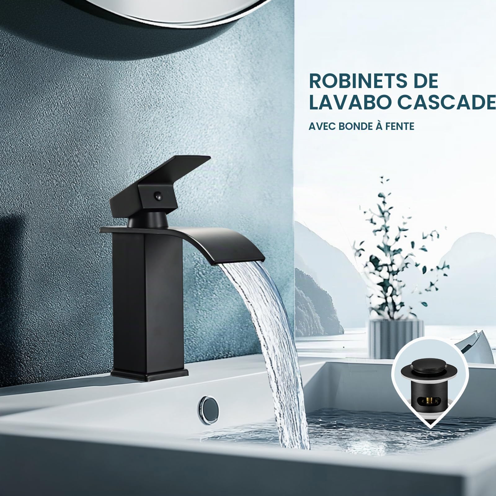Peppermint Robinets de lavabo cascade noir mat avec fente pop-up robinet mitigeur d'évier de salle de bain monobloc 1 trou avec tuyaux G1/2" modernes robinets de vestiaire mono en acier inoxydable