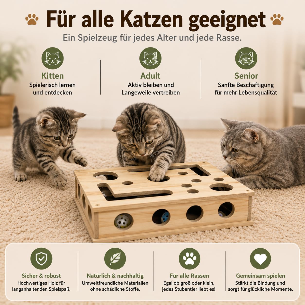 Taichaeu 2-in-1 Katzen Kratzspielzeug mit Intelligenzspiel & Krallenpflege - Interaktive Nagelfeilen, Katzen Krallenpflege beim Spielen, Katzen Kratzbrett aus Holz - 3 Glockenbällen & Federstab