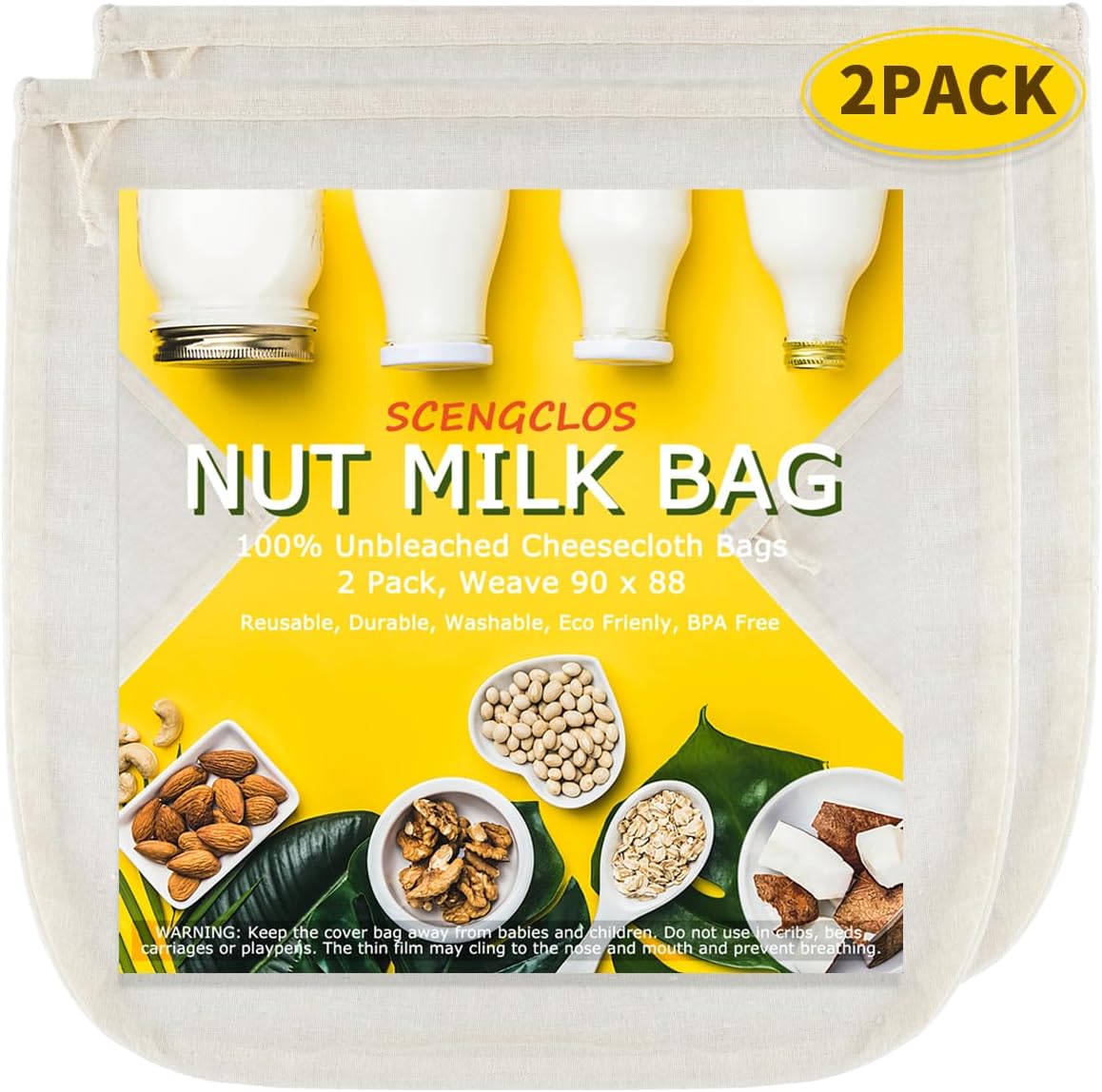 Nut Milk Bags(Upgraded, Weave 90×88), All Natural Cheesecloth Bags 12″x12″ 2 Pack, 100% Unbleached Cotton Cloth Bags for Cheese/Tea/Yogurt/Juice/Wine/Soup/Herbs, Washable Reusable Almond Milk Strainer Nut Milk Bags(Upgraded, Weave 90×88), All Natural Cheesecloth Bags 12″x12″ 2 Pack, 100% Unbleached Cotton Cloth Bags for Cheese/Tea/Yogurt/Juice/Wine/Soup/Herbs, Washable Reusable Almond Milk Strainer