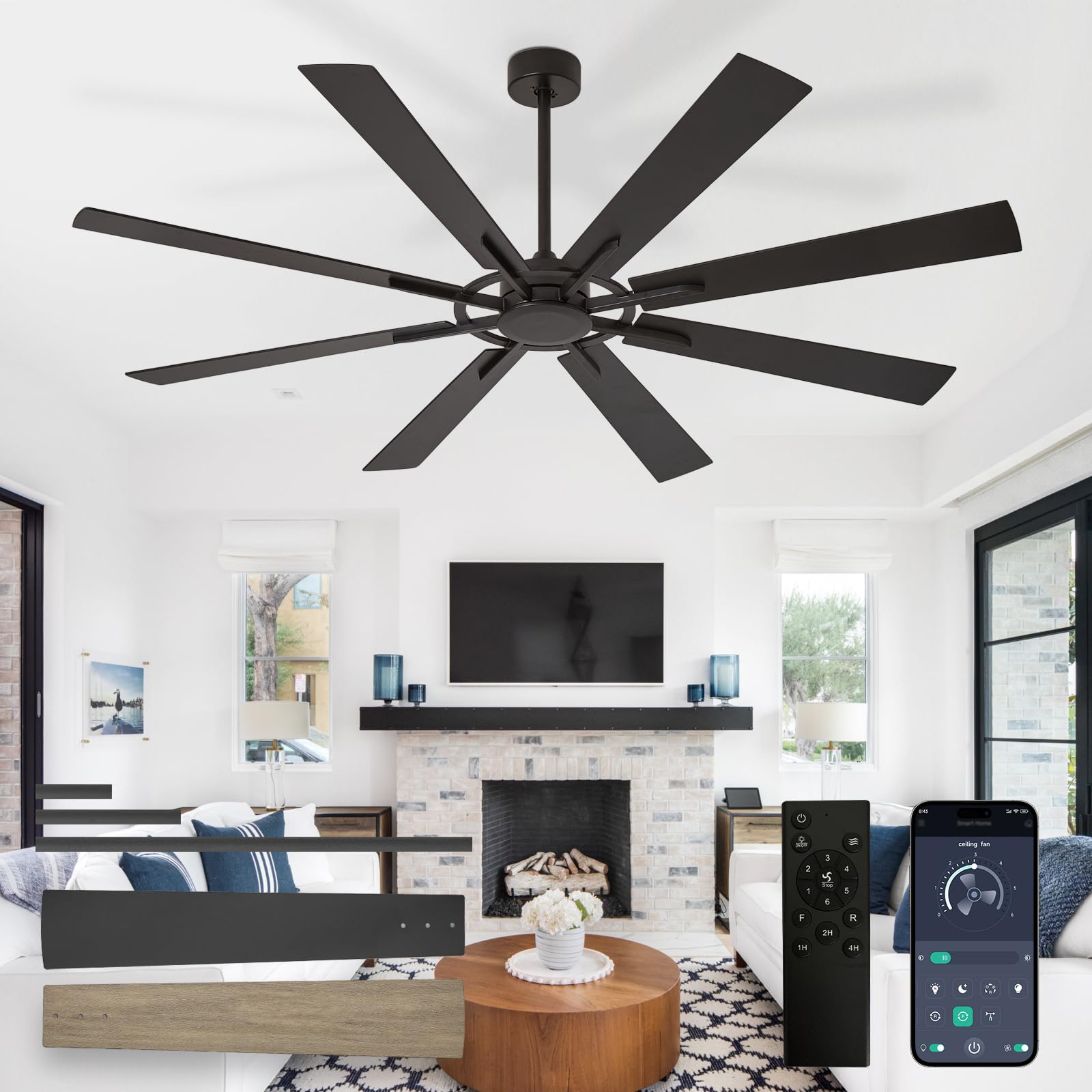 Depuley Ceiling Fan Without Light: 66 Inch Big Indoor Outdoor Fan with Remote APP Control - Black Wood Grain Large Ceiling Fan no Light 8 Blade Reversible Quiet DC Motor Memory Function Timer