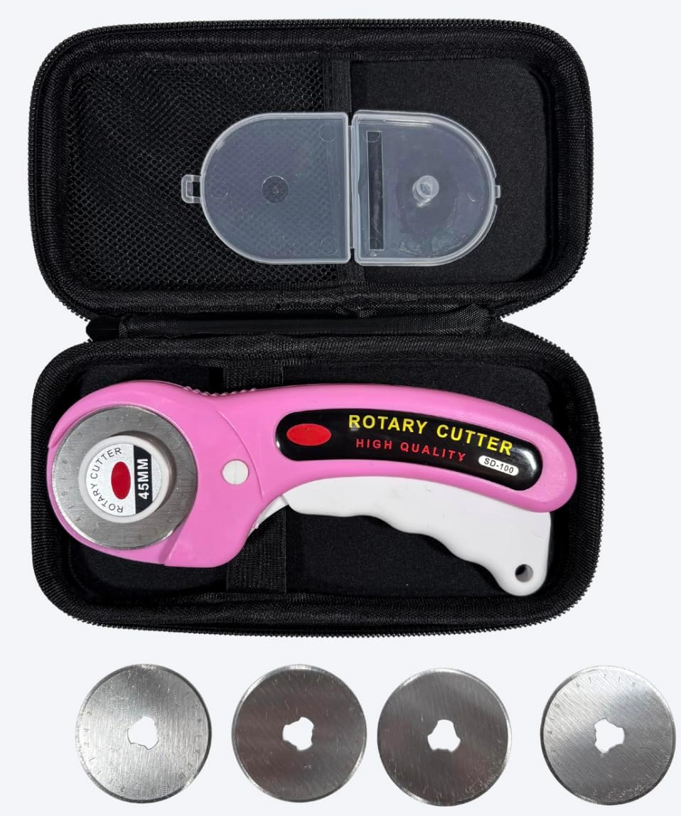 Ergonomic 45mm Rotary Cutter Comes with 5 Replacement Blades and Carrying Case (Pink)
