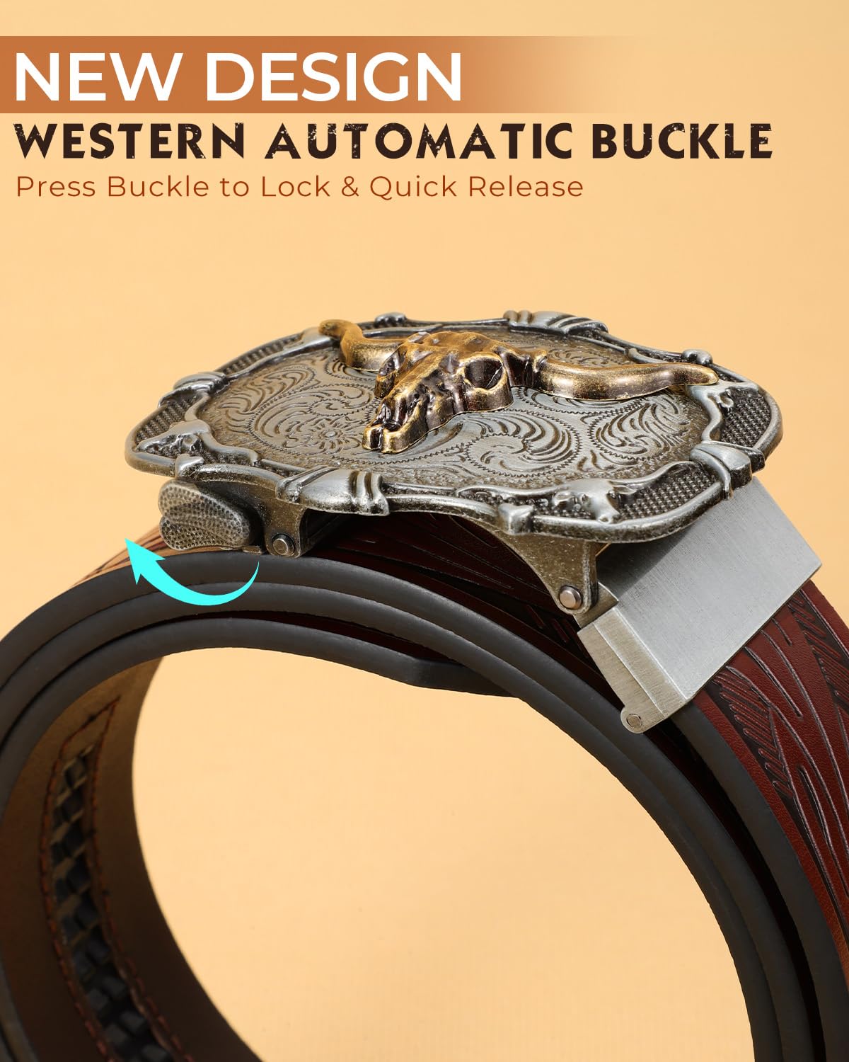 BELTROAD Mens Ratchet Western Belt Leather Cowboy Ratchet Belts for Men Leather Ratchet Belts for Jeans Casual Adjustable Belt for Men with Automatic Cowboy Buckle Men's Christmas Gifts Belts