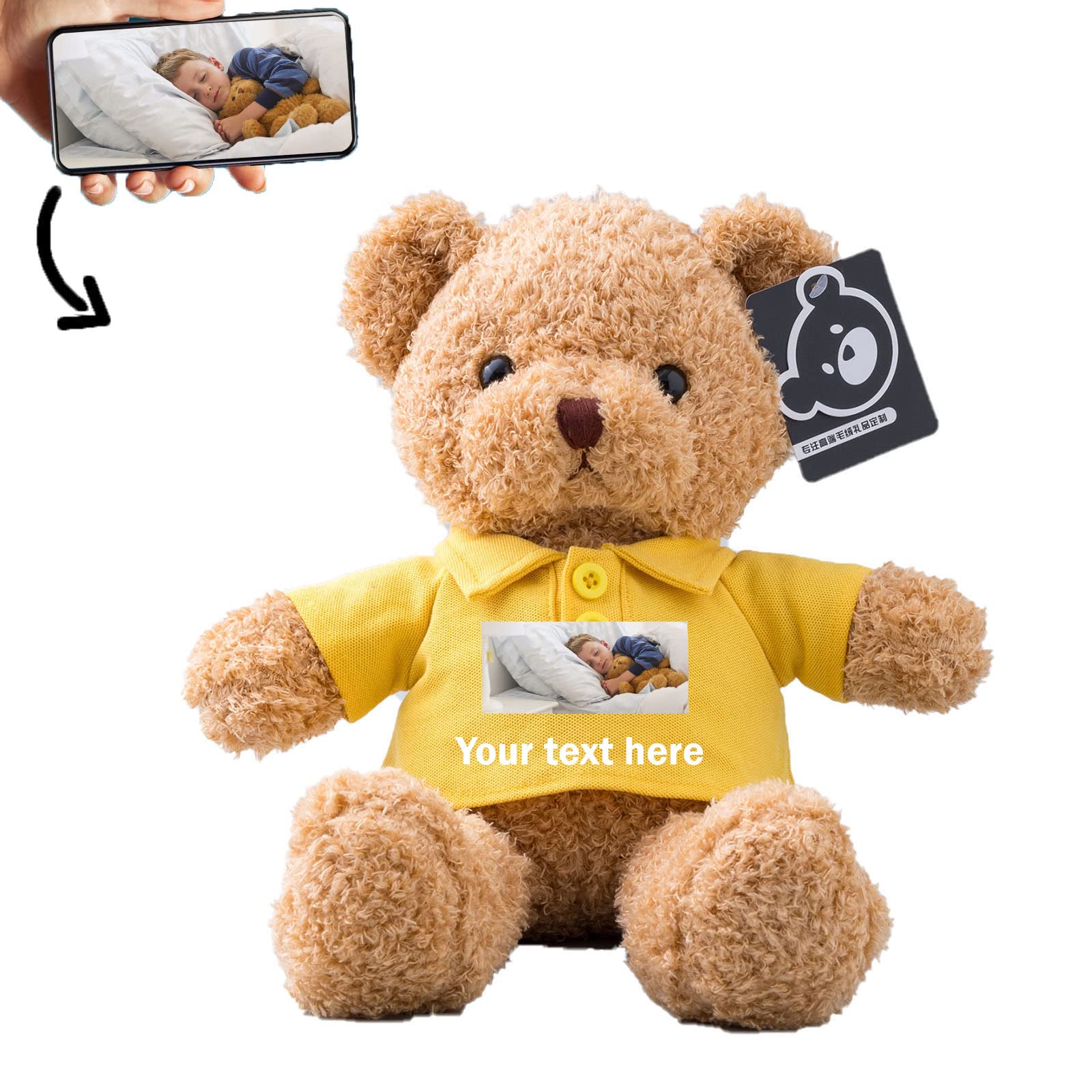 ADORSUN Personalised Teddy Bear with Photo+ Custom Text, Bear Stuffed Animal Plush Toys as Personalised Gifts for Christmas/Birthday/Valentines' Day/Anniversary (12 inch-Short Sleeve-Yellow)