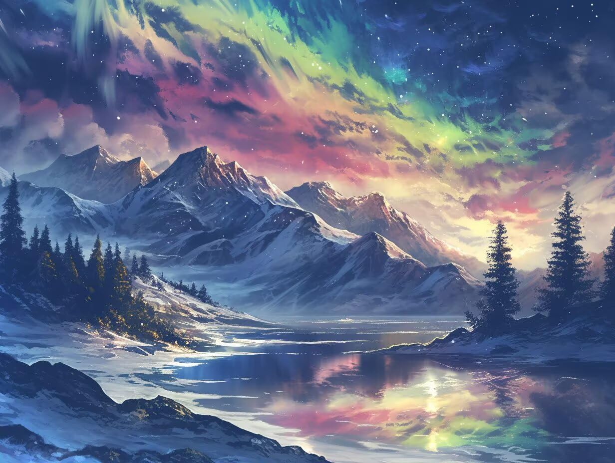 Pintura por Números para Adultos Aurora Pintar por Numeros Niños Principiantes montaña nevada,DIY Kit de Pintura al óleo de Lienzo con Pinceles,Paint by Numbers Acrílico,Mujer Regalo 60x80cm M-164