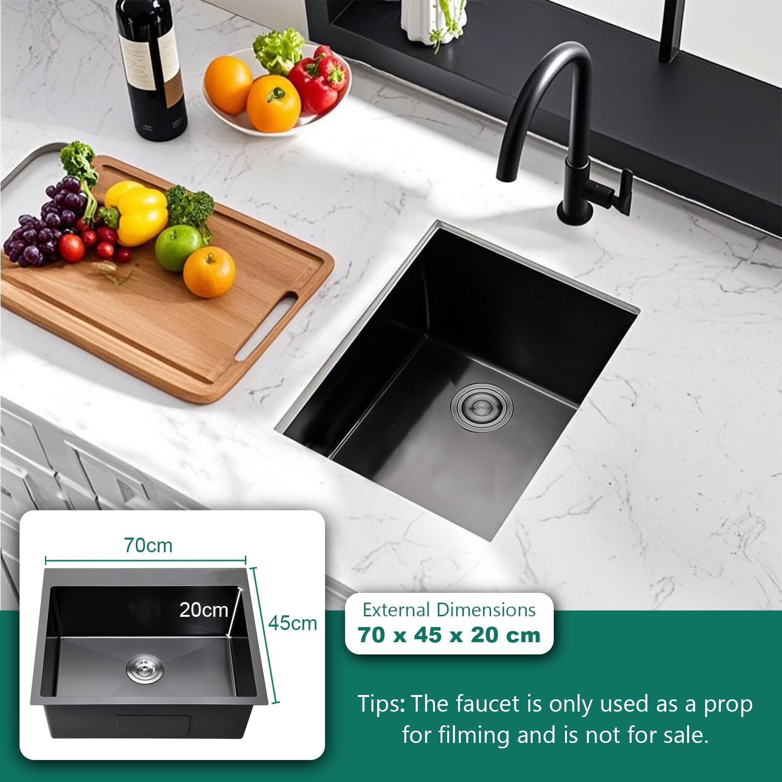 Lavello da cucina nero 38 x 30 cm, in acciaio inox, compatto con scolapiatti e scolapiatti – ideale per piccole cucine, bar o ripostiglio (nero, 70 x 45 cm)
