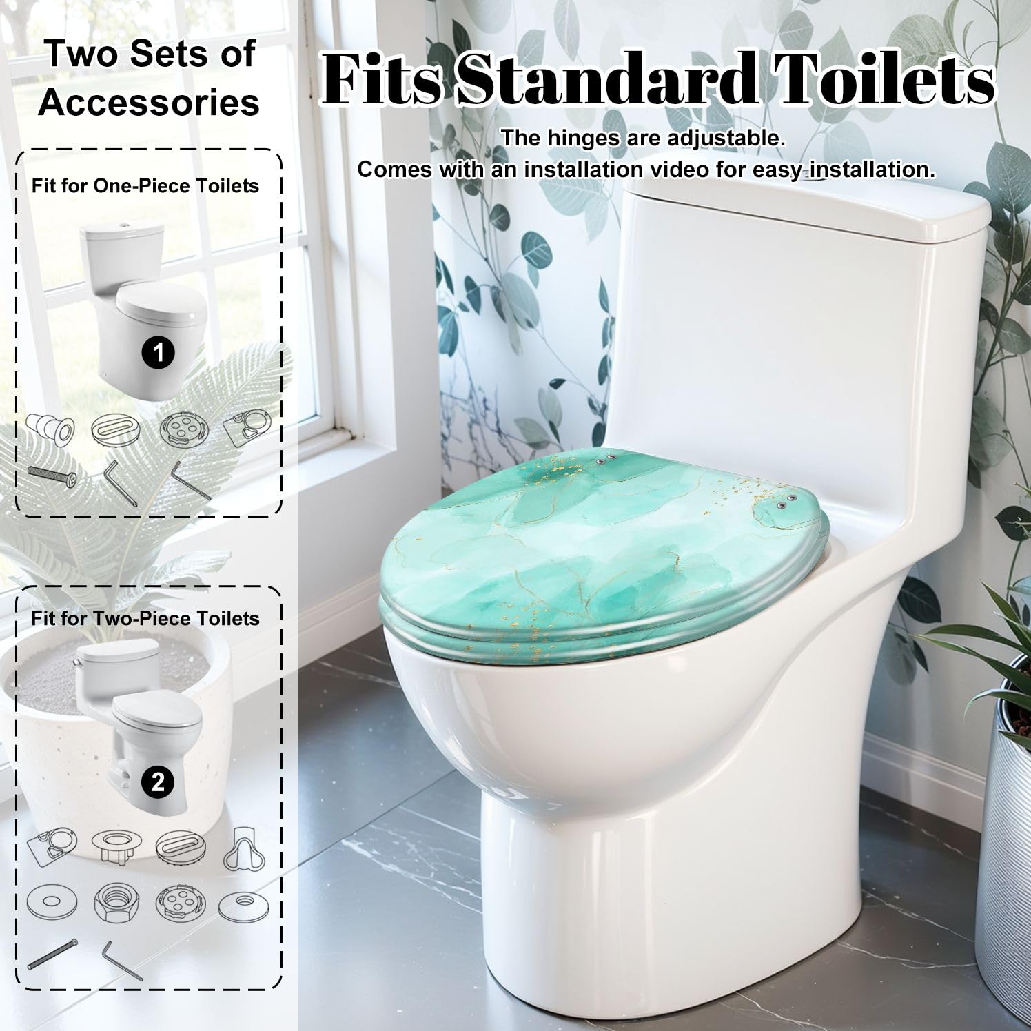 Länglicher WC-Sitz mit Absenkautomatik, Türkis-Mint, Aquarell-Marmor-Gold-Optik, Pinsel-Beize, Harz, Schnellverschluss-Scharniere, leicht zu reinigende Puffer, Montage