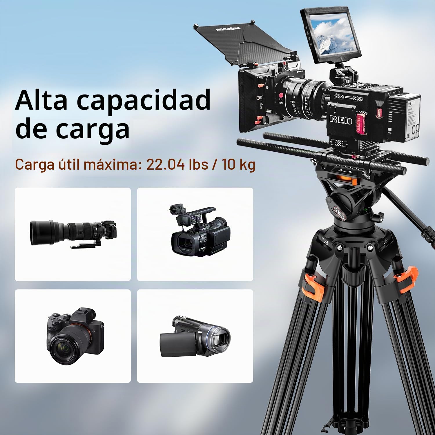COMAN Trípode de cámara de 186cm Aluminio con cámara Tripod 360° Flexible Giro & +90°/-70° Inclinación, Trípode de vídeo Compatible con Cabezas dji RS, MAX Load 10 kg