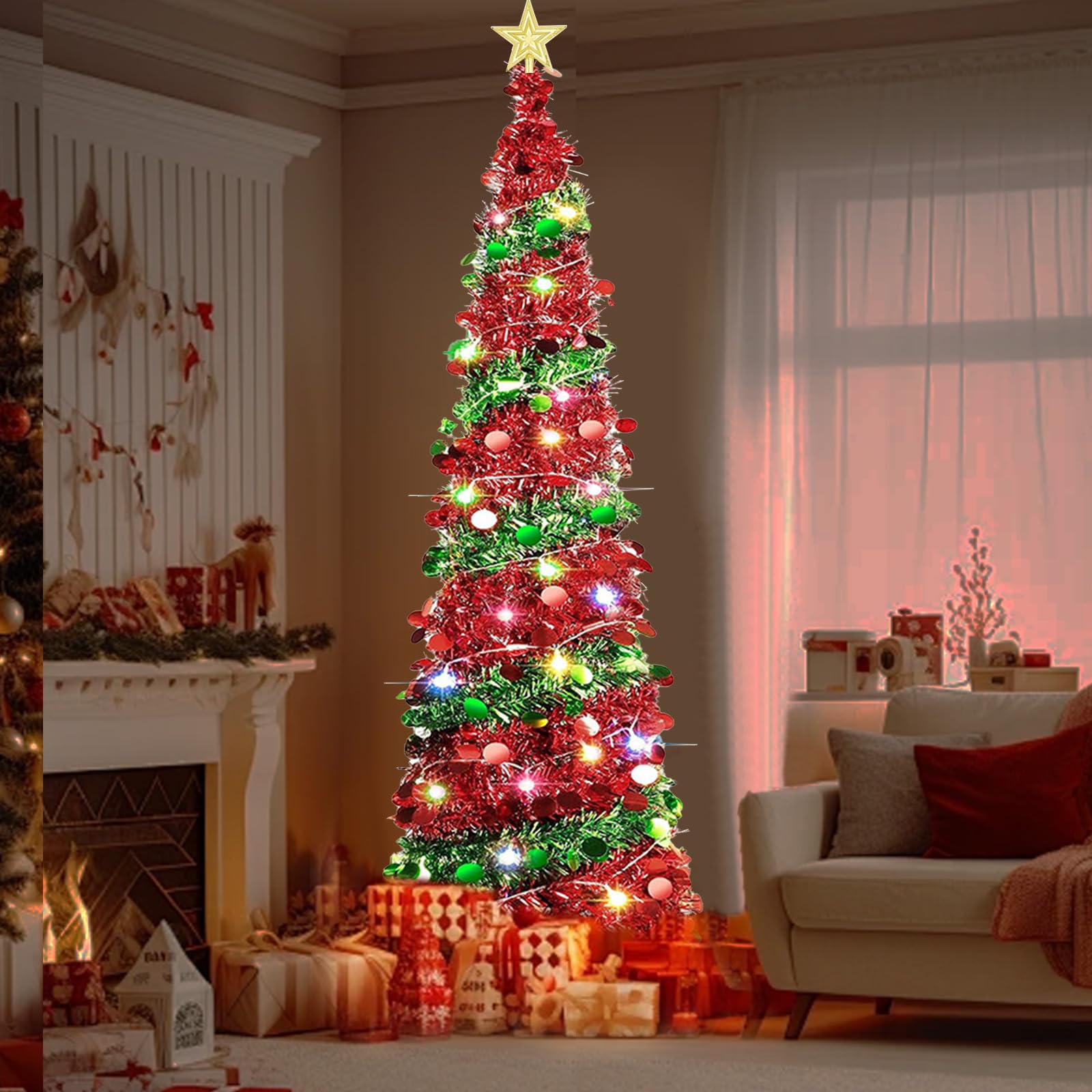 Albero di Natale Pieghevole Pop Up, Albero di Natale Artificiale a Paillettes 150cm con 50 Luci a LED, Alimentazione USB, Paillettes Scintillanti, Decorazione Natalizia per Interni ed Esterni, Casa