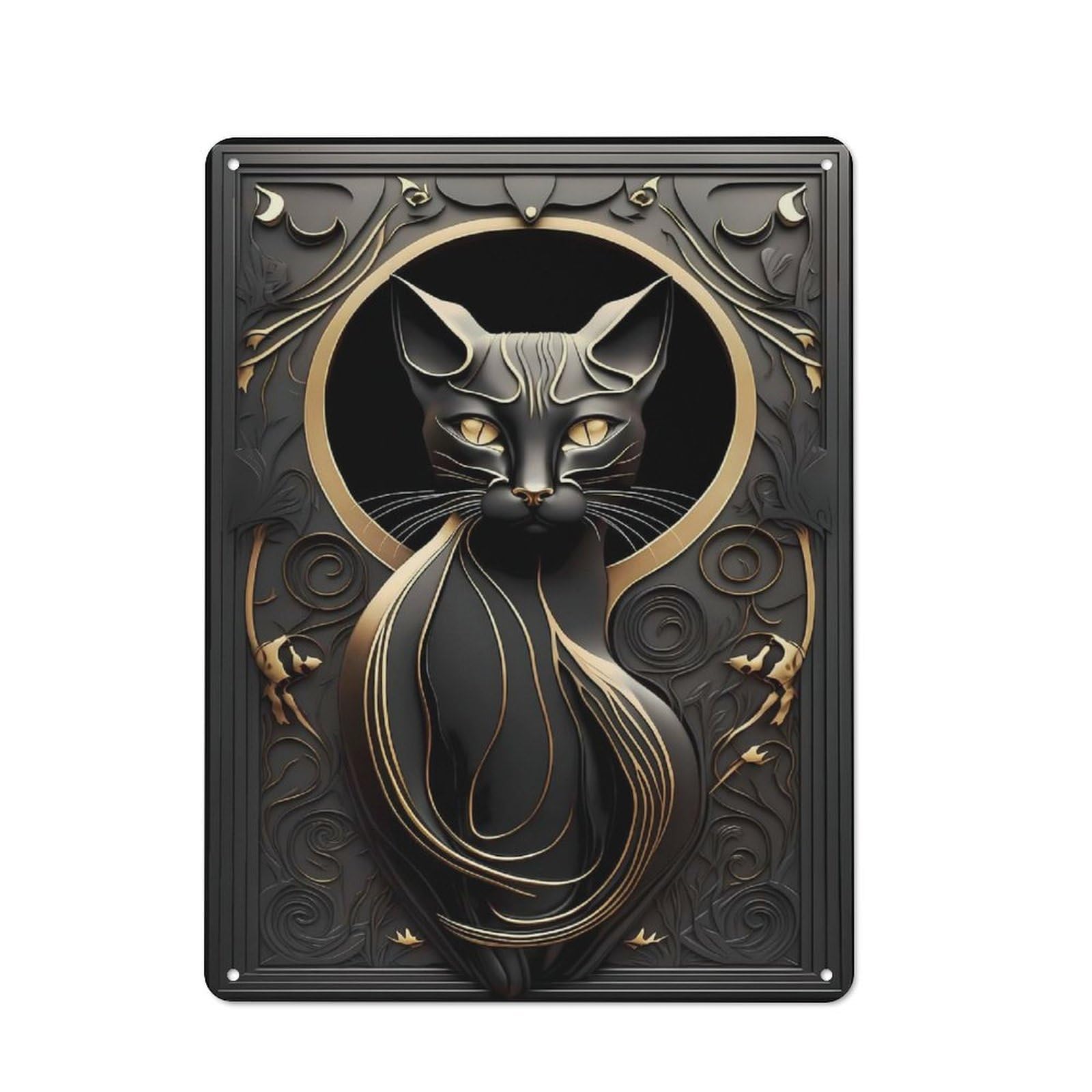 Junmoney Style-24 Vintage Metal Plaque 40X30cm Featuring Black Golden Cat Portrait For Home Bar Wall, A Metal Wall Feature For Home Bars And Entertaining Spaces